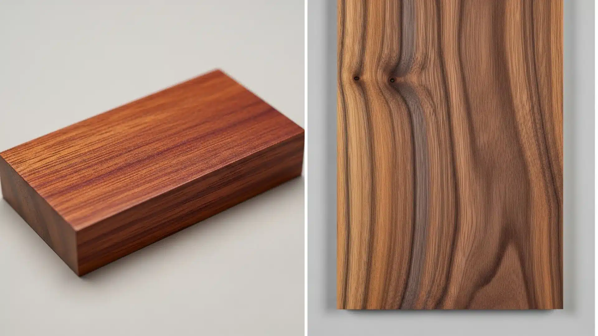 Close-up of a rectangular block of reddish-brown wood grain next to a vertical section of brown wood with a distinct knot pattern.