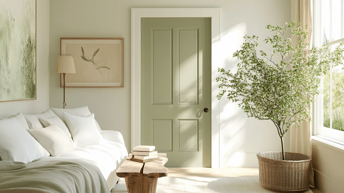 Sunlit room with a sage green door, white sofa, wood bench, framed art, and a potted tree by window.