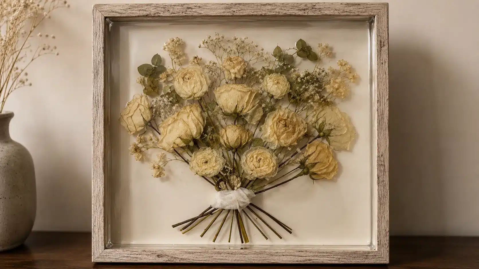Pressed wedding bouquet displayed inside a wooden shadow box frame.