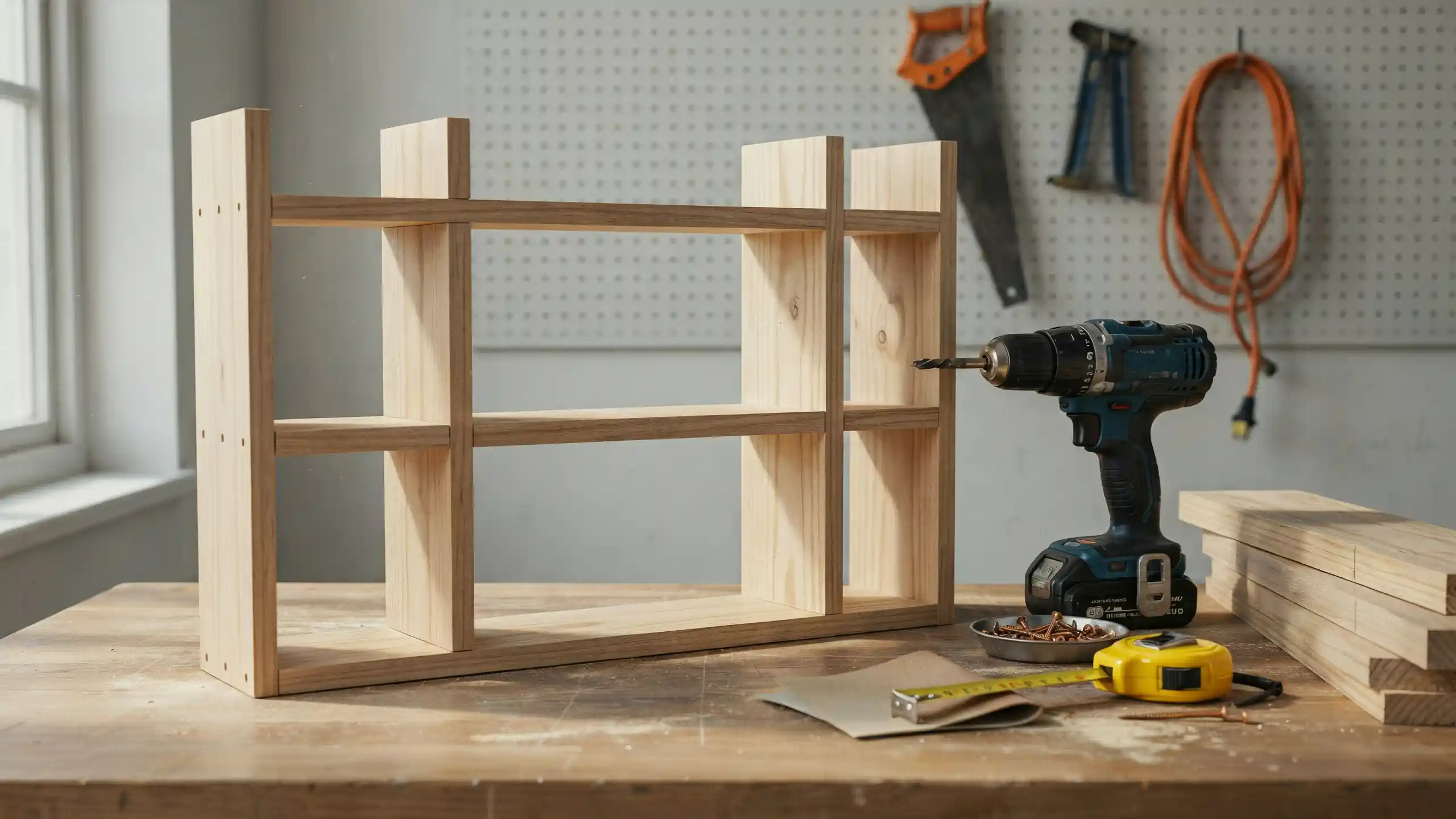 A wooden shelf displaying a drill and a hammer, showcasing tools for construction or DIY projects