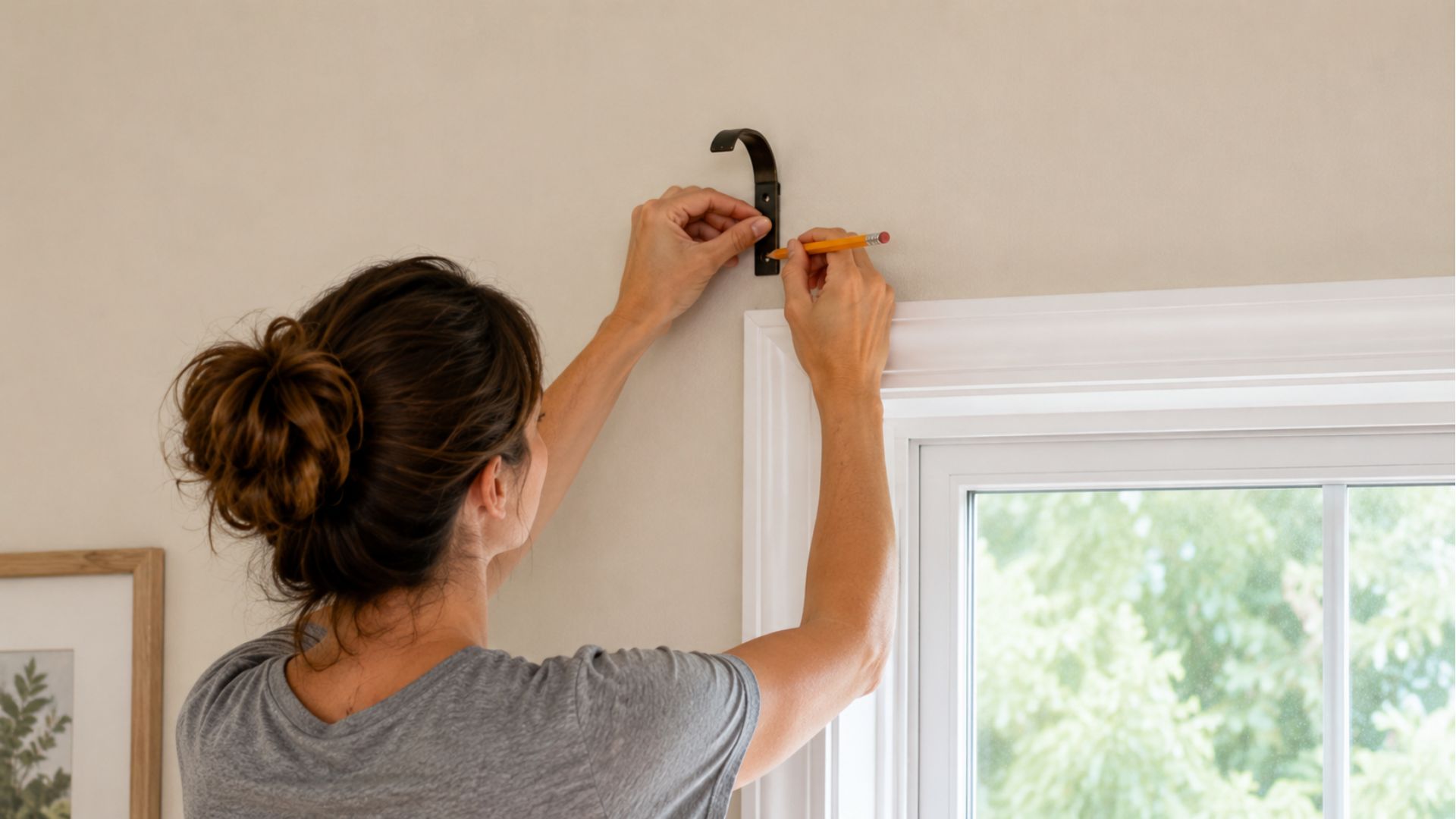 woman using a pencil to mark the mounting holes for a curtain rod bracket above a window frame