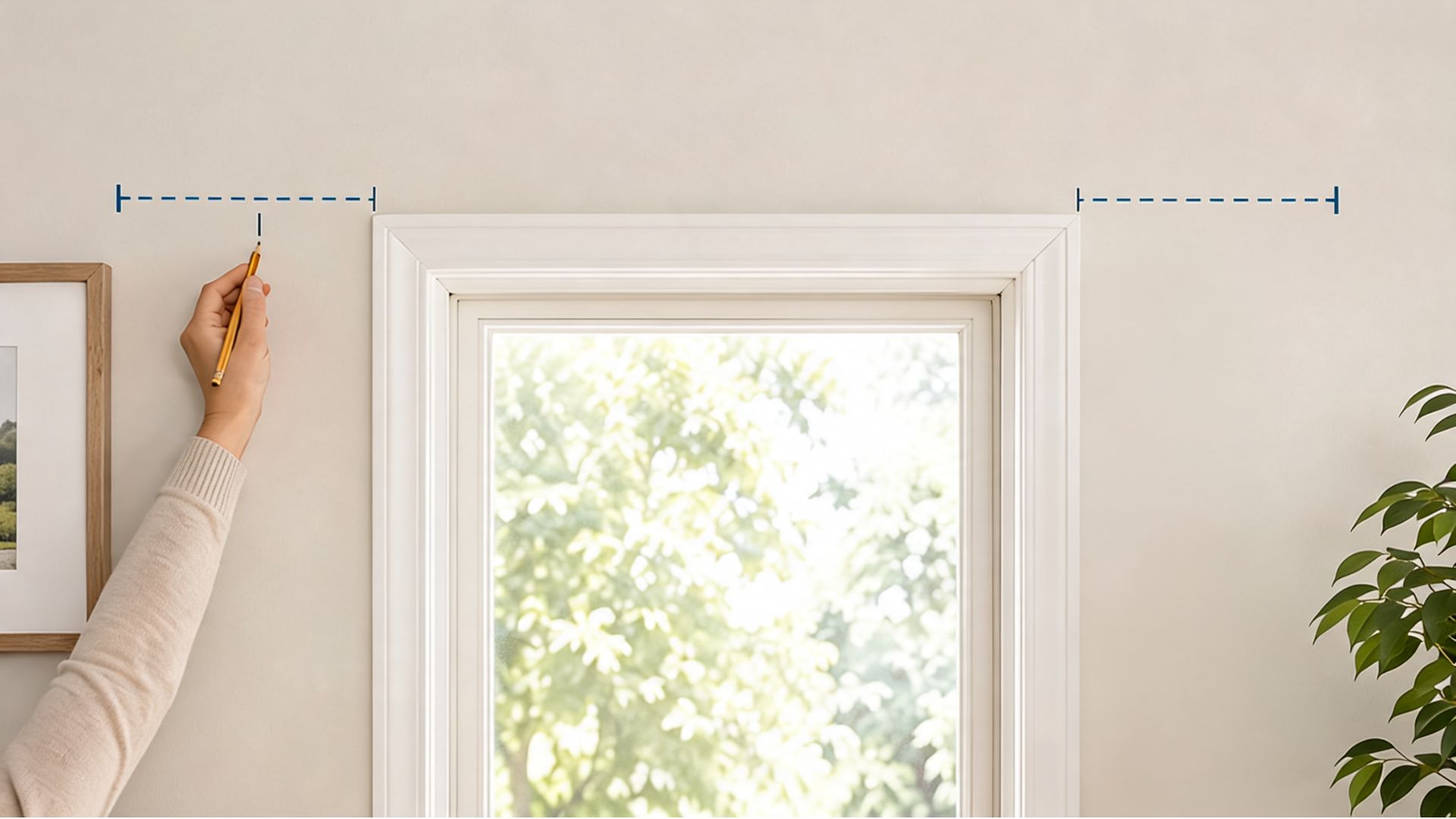 person marking curtain rod bracket positions beyond the window frame using equal width measurements