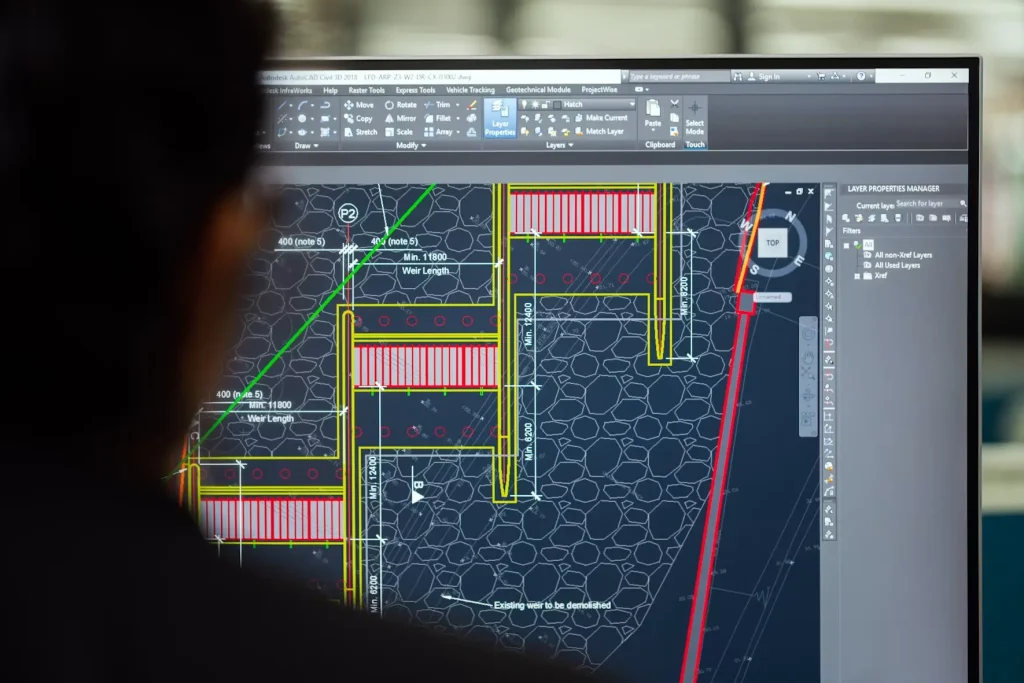 Computer screen displaying technical CAD design with colorful lines and annotations in an office setting
