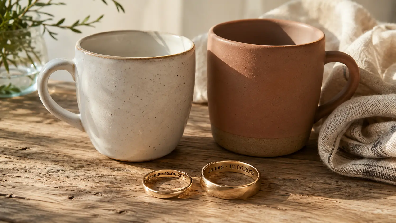 Two ceramic mugs on wooden table with engraved gold rings and fabric napkin nearby