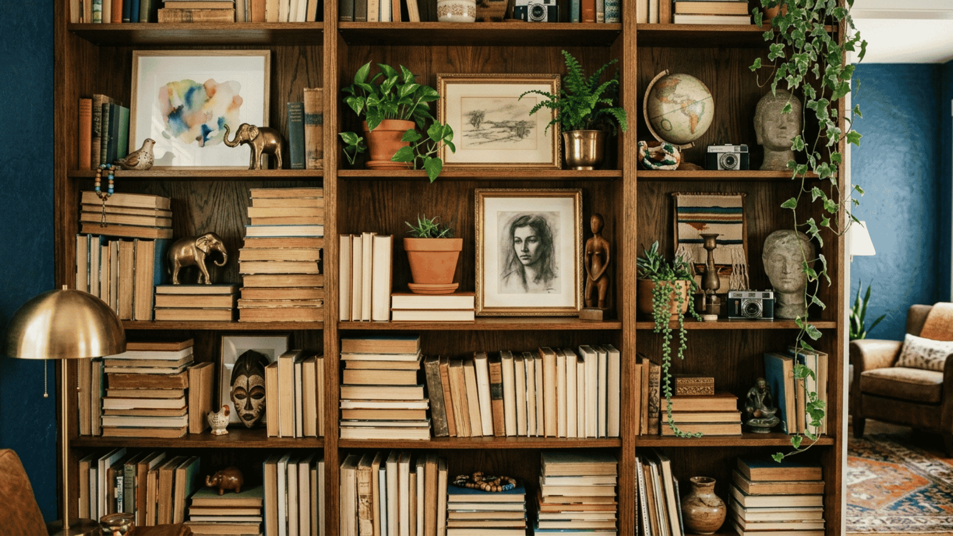 maximalist bookshelf filled with books art plants and travel finds in a curated look