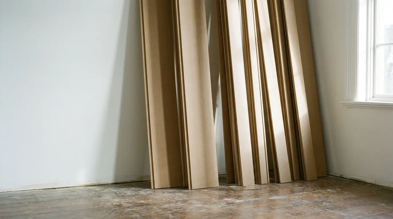 Wooden panels leaning against a white wall in bright, unfinished room with sunlight streaming
