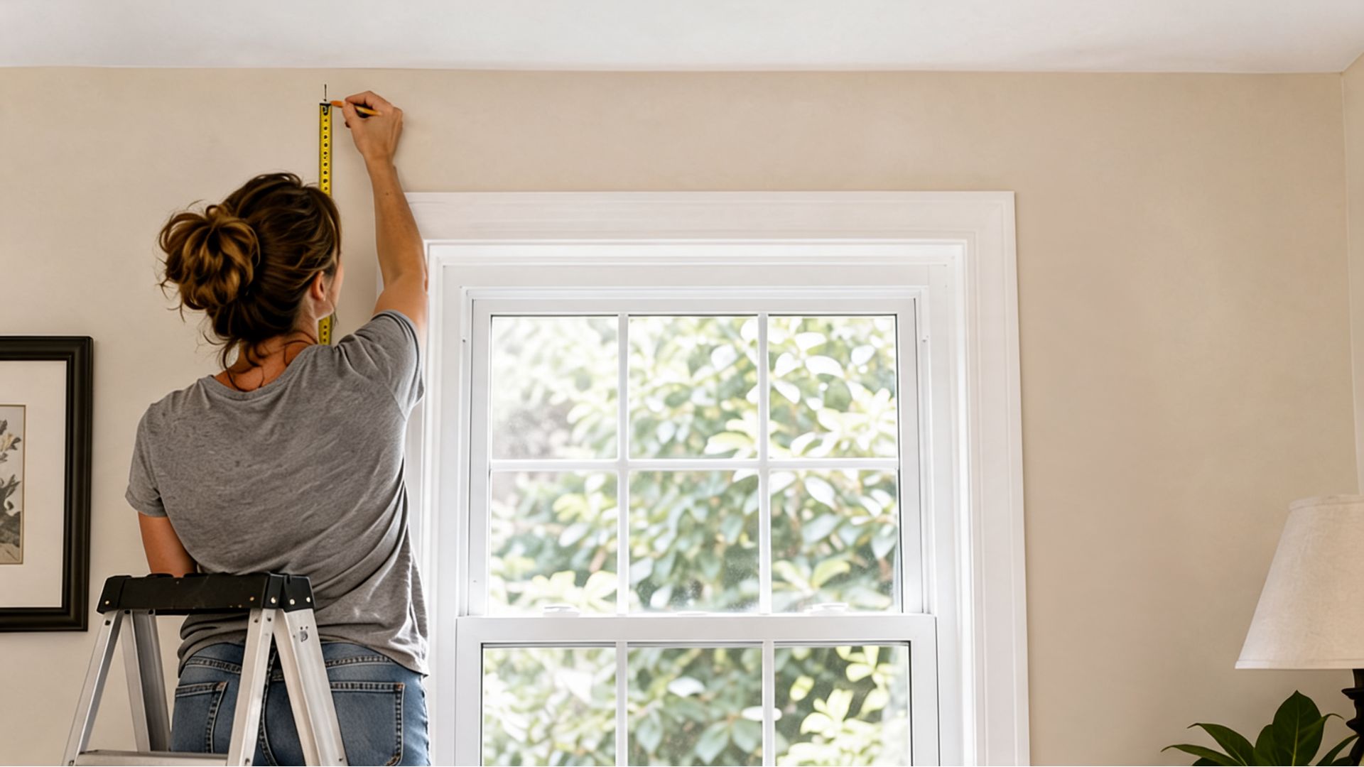 woman standing on a step ladder and measuring the correct curtain rod height above a window