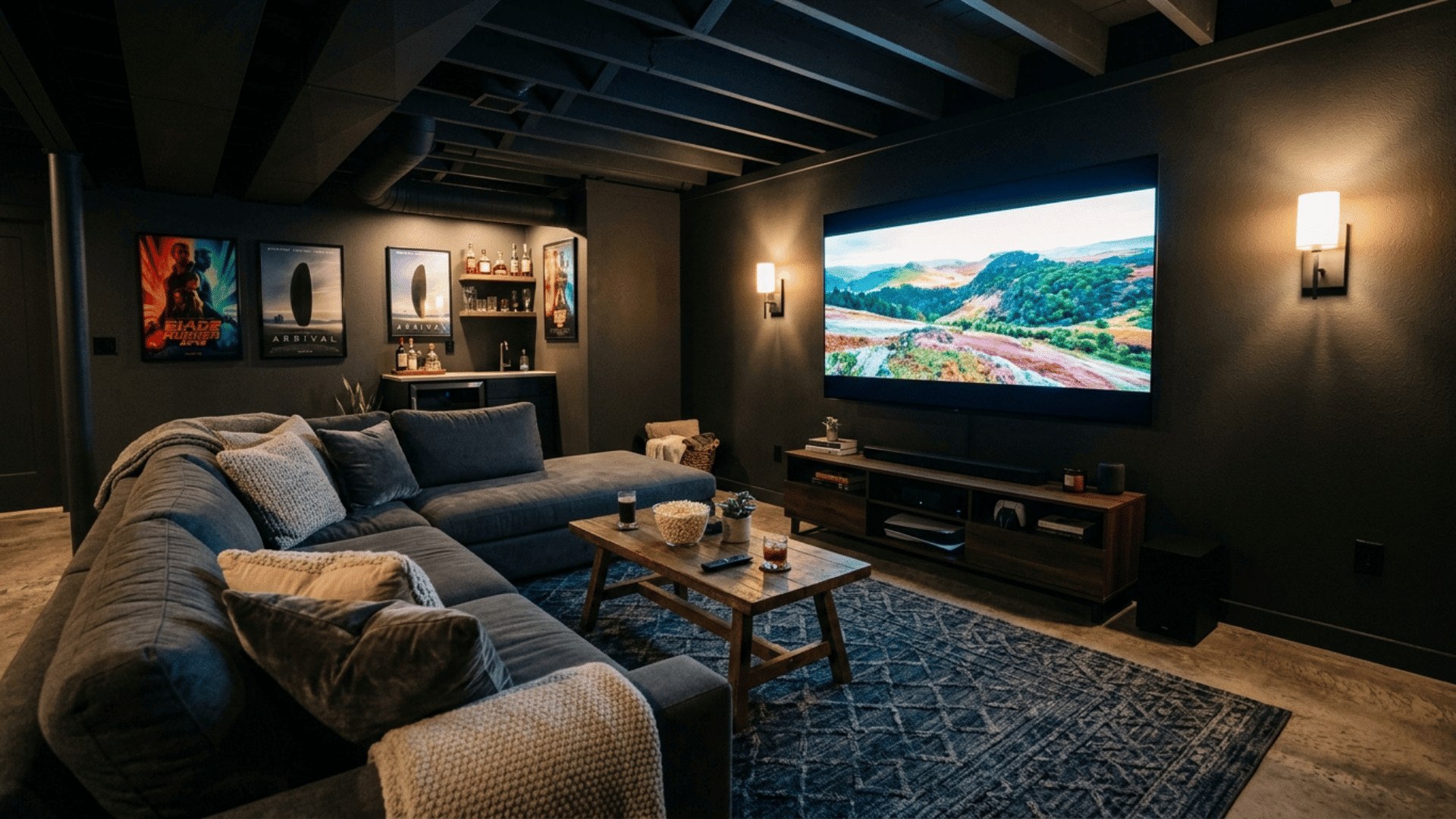 basement media room with dark walls and dimmable ambient lighting
