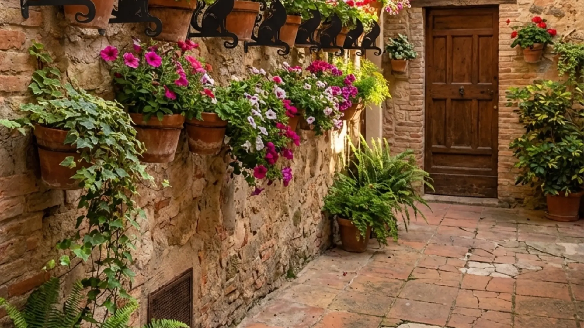 Terracotta pots overflowing with pink and white petunias hang on a weathered brick wall beside a rustic wooden door.