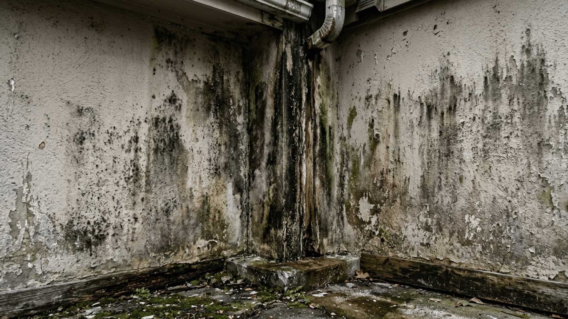 mildew staining and dark streaks on a shaded exterior painted wall