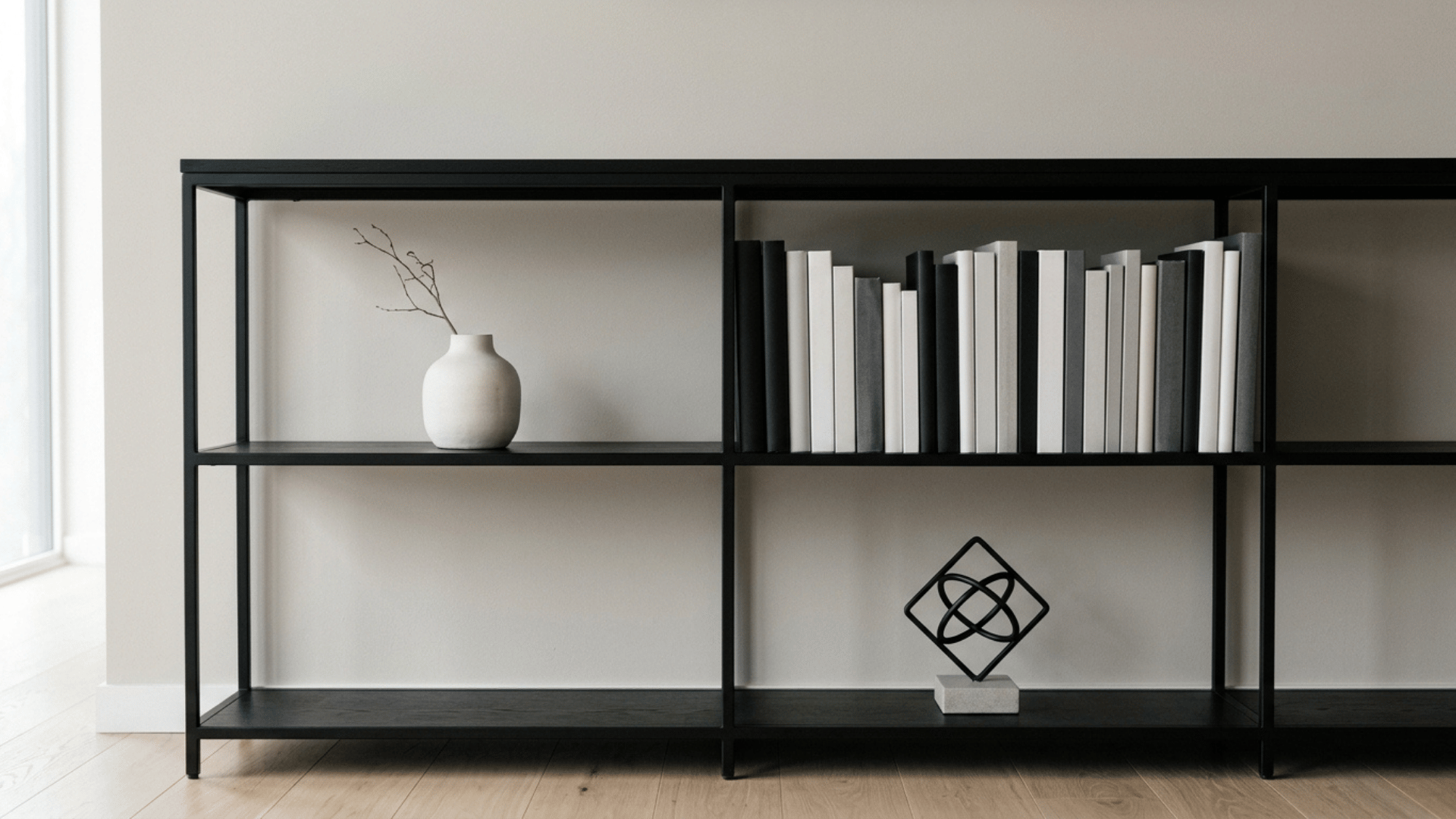 minimalist black and white bookshelf styled with a ceramic vase and sculptural object