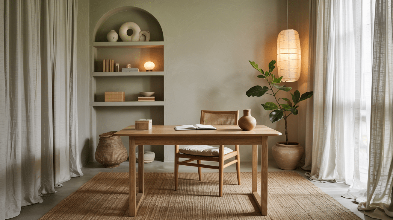Soft sage home office with wooden desk, cane chair, built-in shelves, plant, and tall lamp