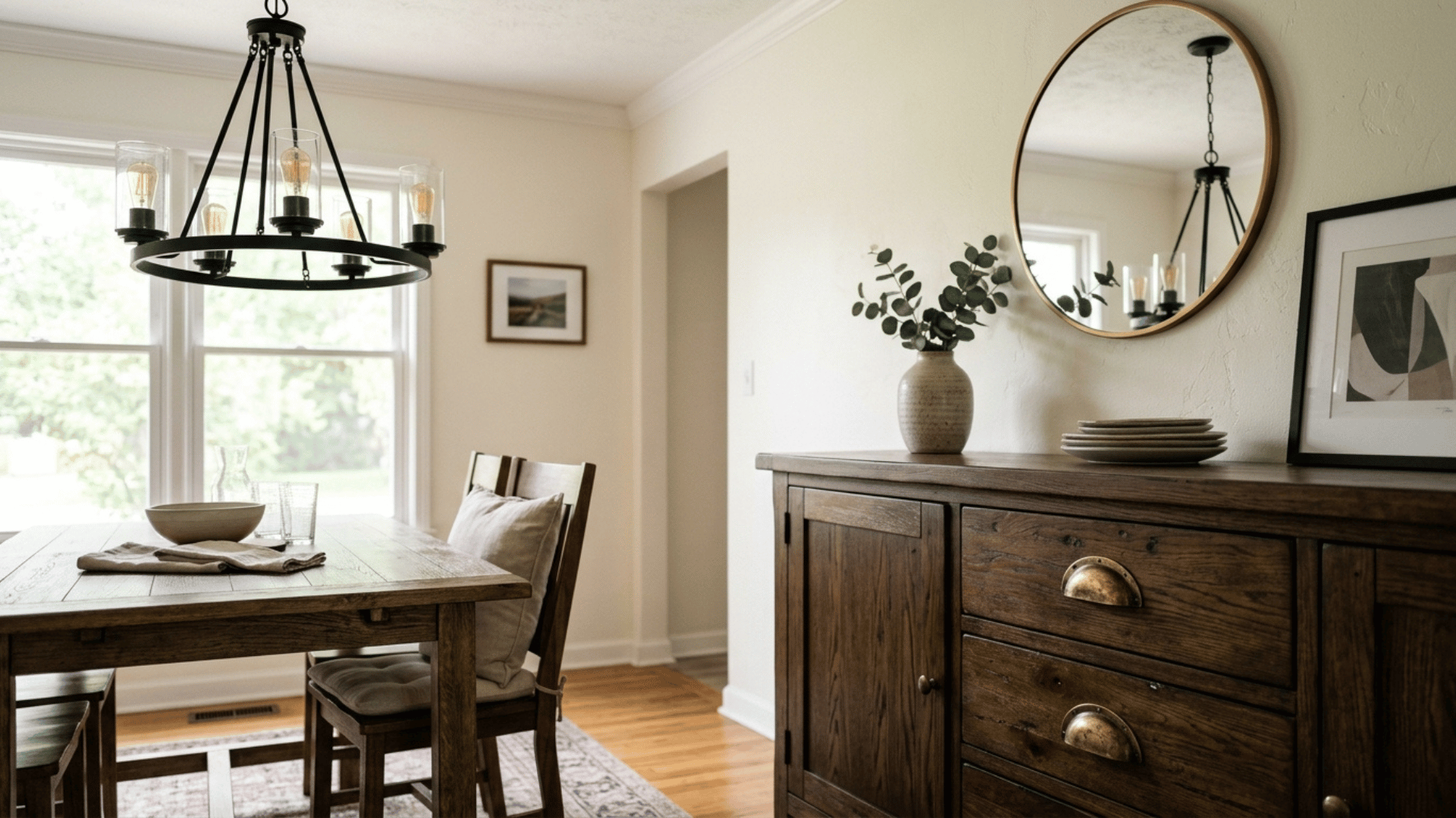 black iron light fixture paired with brass hardware in a dining room