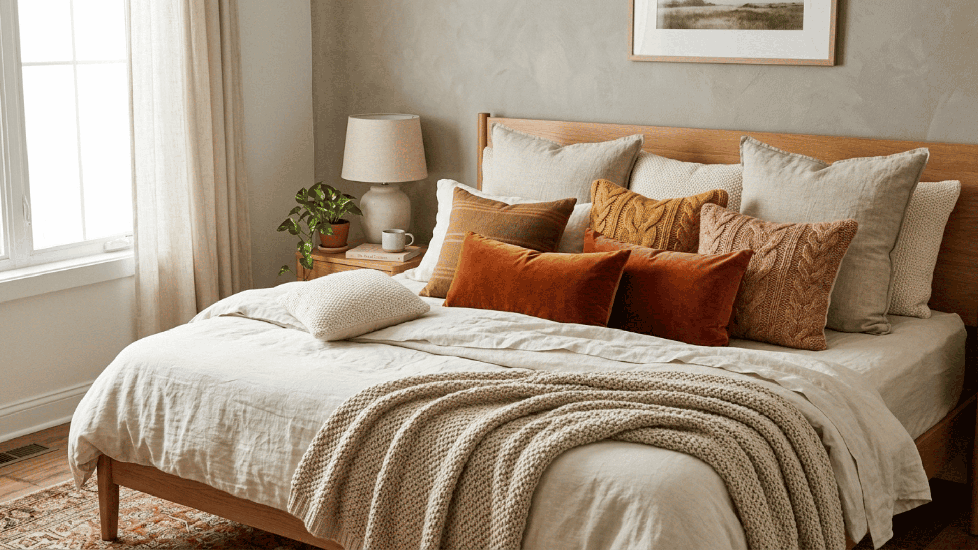 bed styled with a mix of velvet knit and linen throw pillows in warm cozy tones