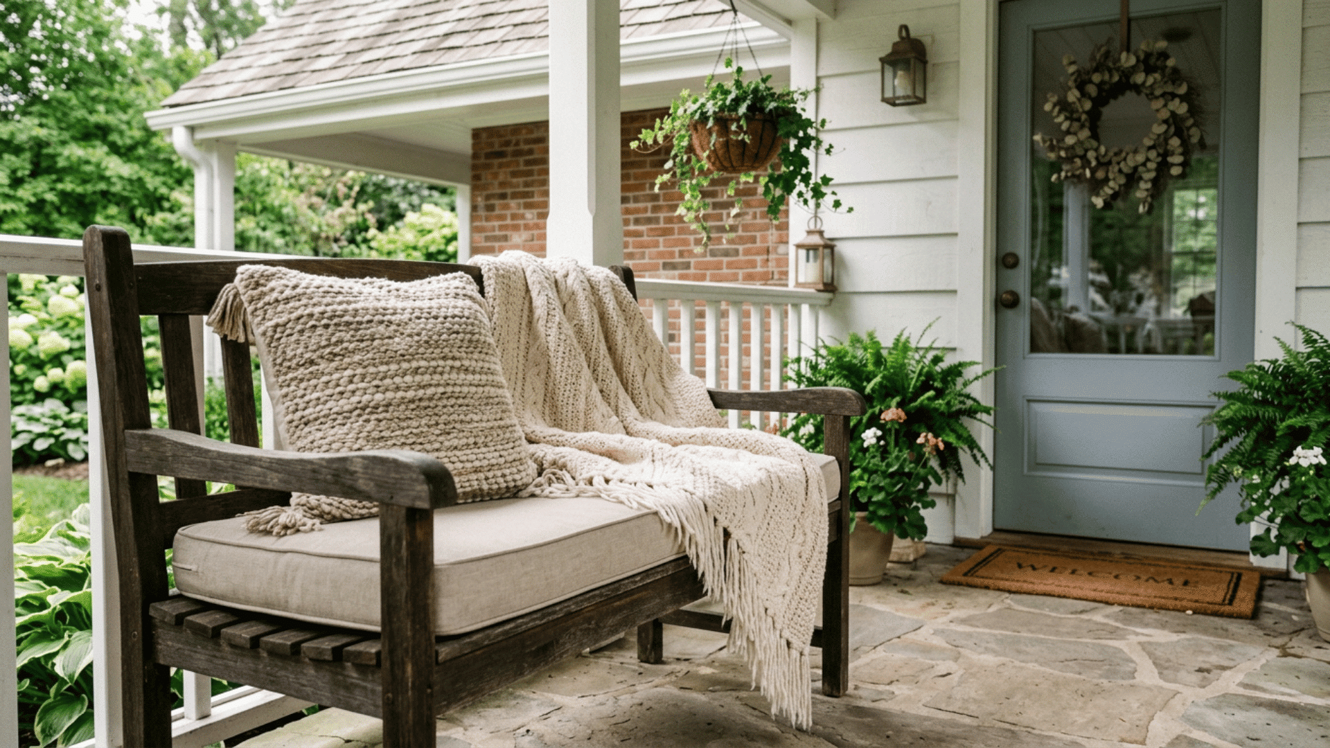 mixed textures with woven pillows and a knit throw