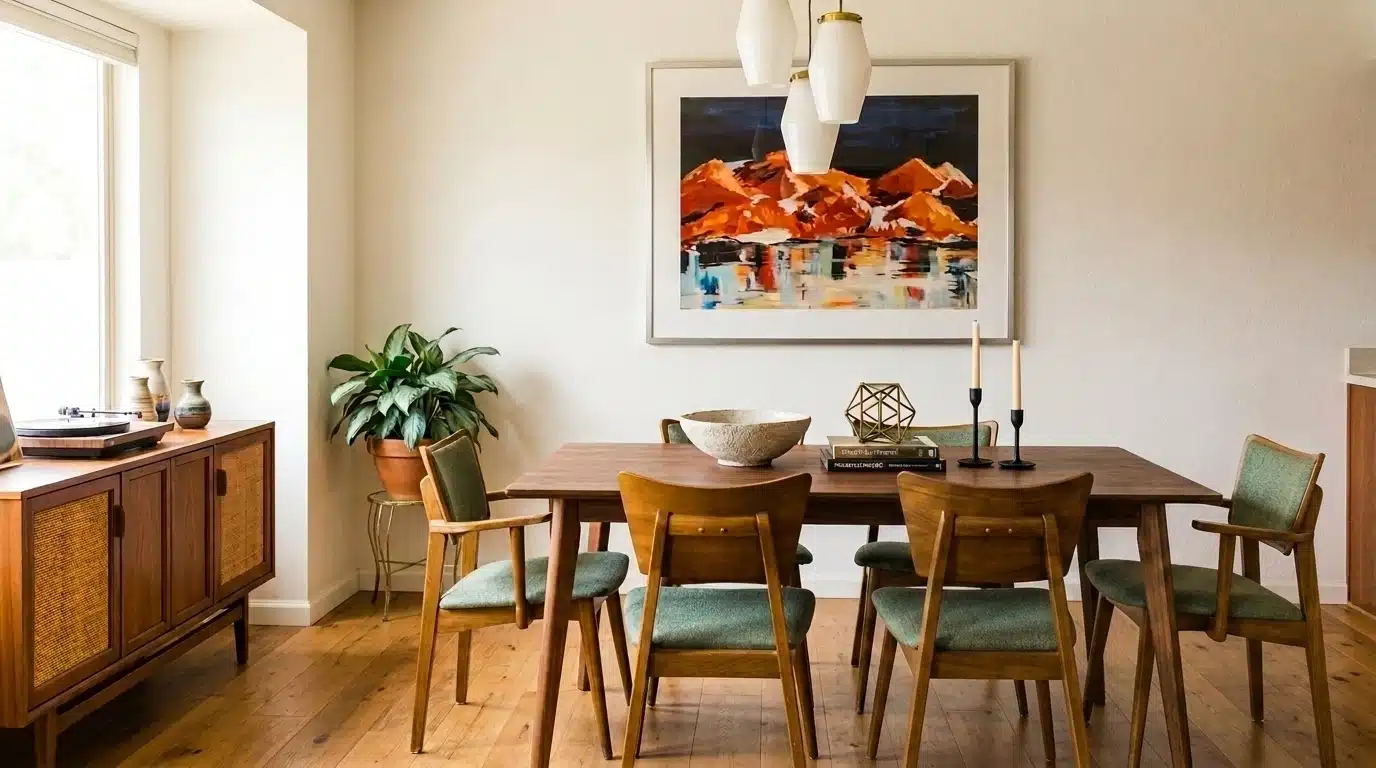 A dining room featuring a wooden table and chairs with various mixed wood finishes, creating a warm and inviting atmosphere.