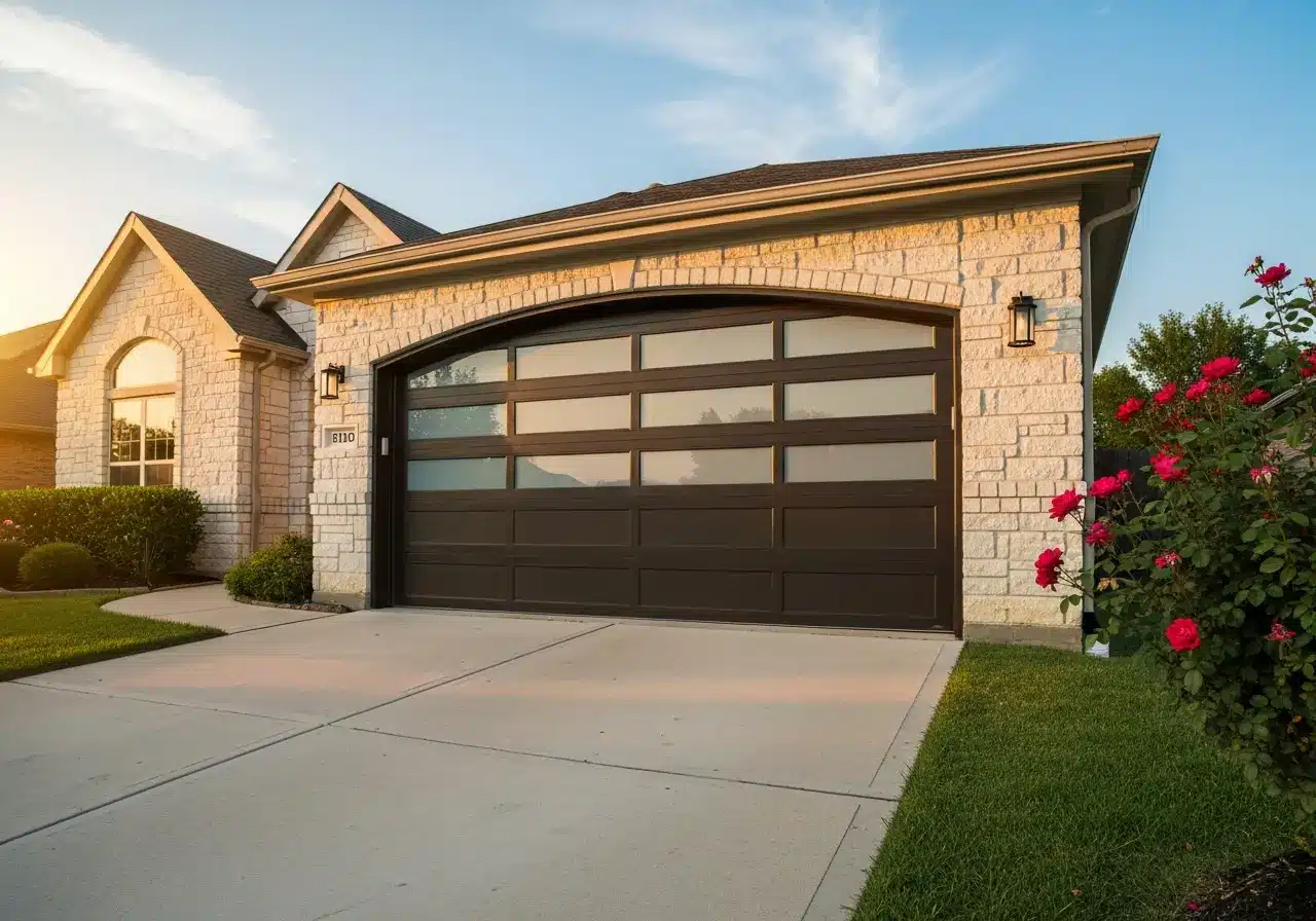 Stone exterior house with dark garage door and red roses on sunlit driveway