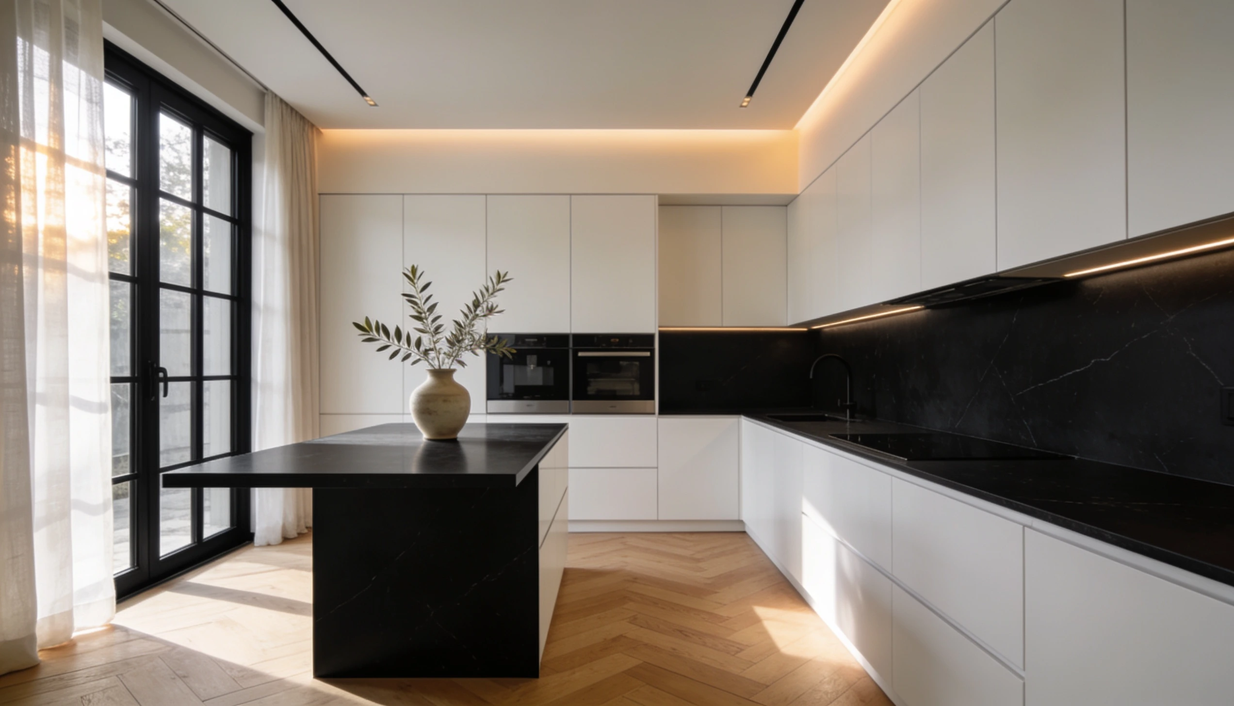 Modern minimalist kitchen with white handleless cabinets, black quartz countertops, a matching waterfall island, and light herringbone wood flooring illuminated by natural sunlight.
