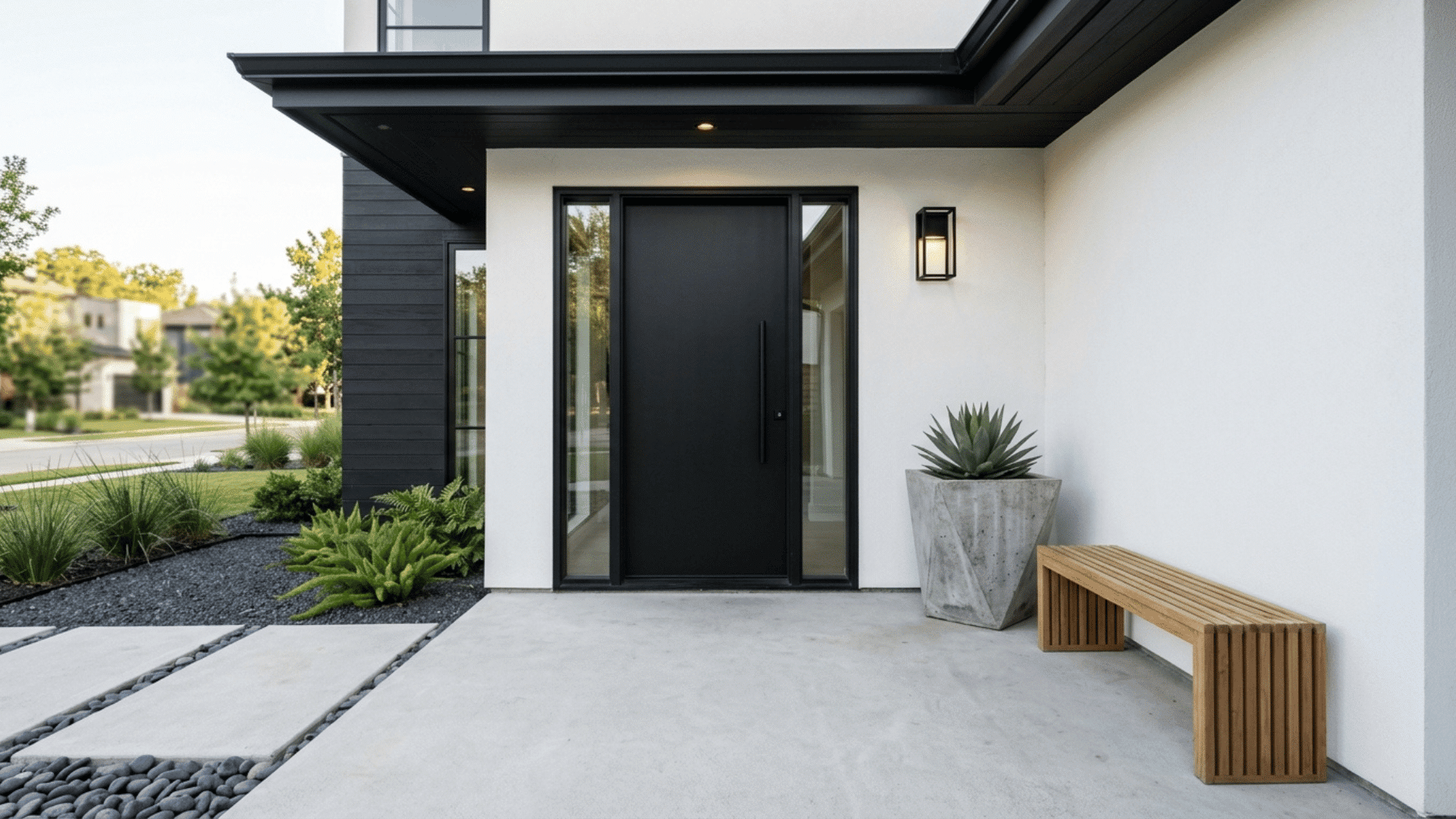 minimalist design with a bench and concrete planter