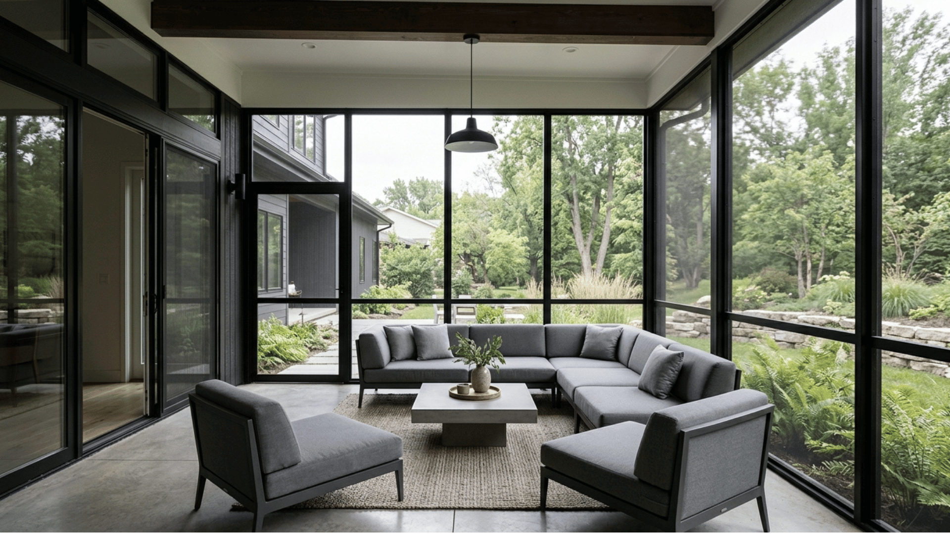 modern minimalist screened porch with black metal frames and gray decor