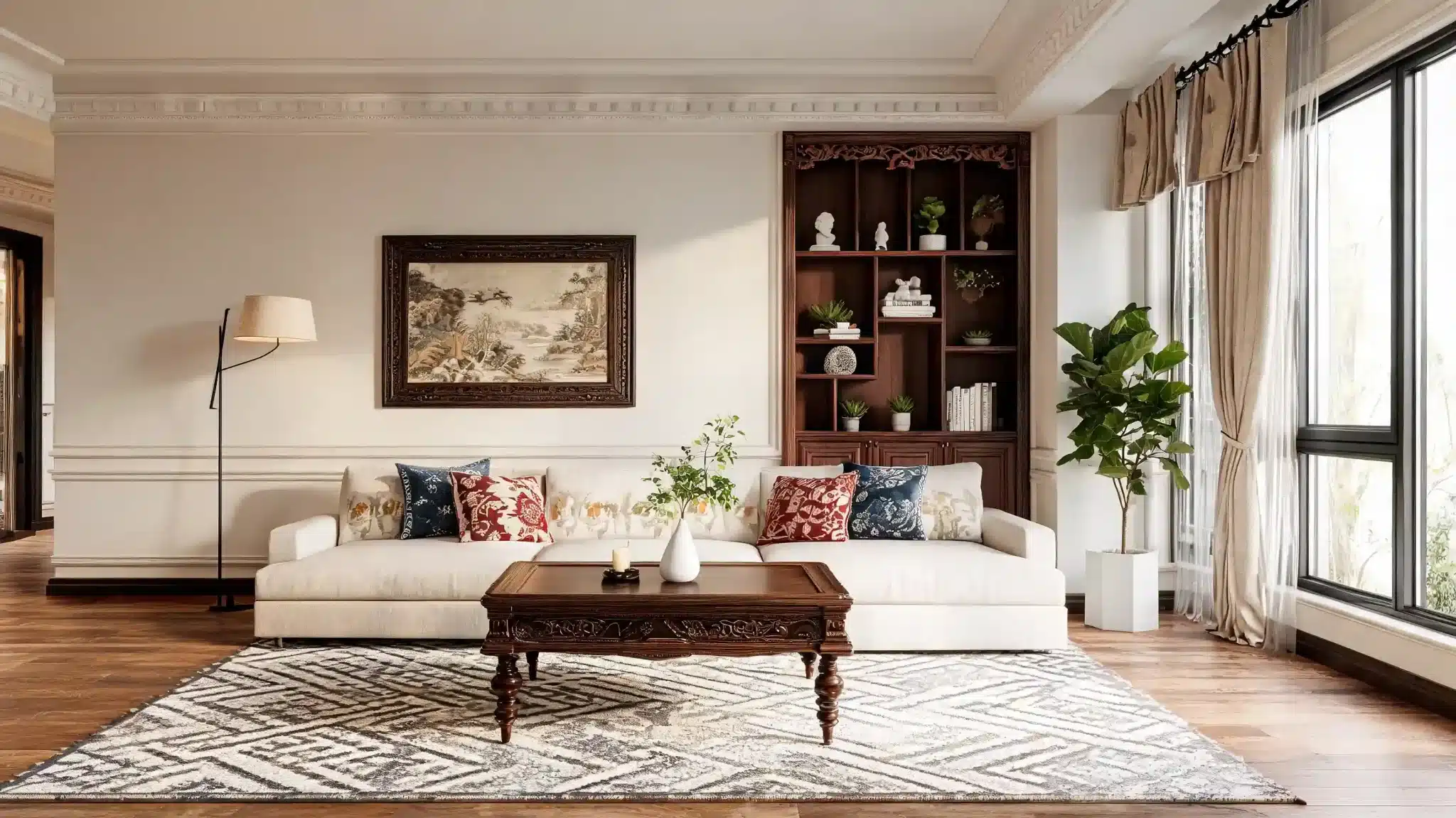 cozy modern traditional room with carved wood furniture, patterned cushions, warm wall lighting, and decorative glass doors