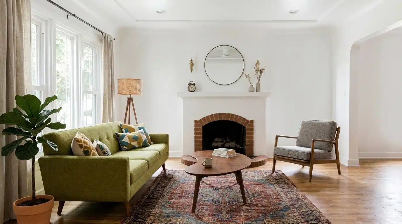A stylish living room with a green couch, a coffee table, and a fireplace, emphasizing comfort and relaxation.