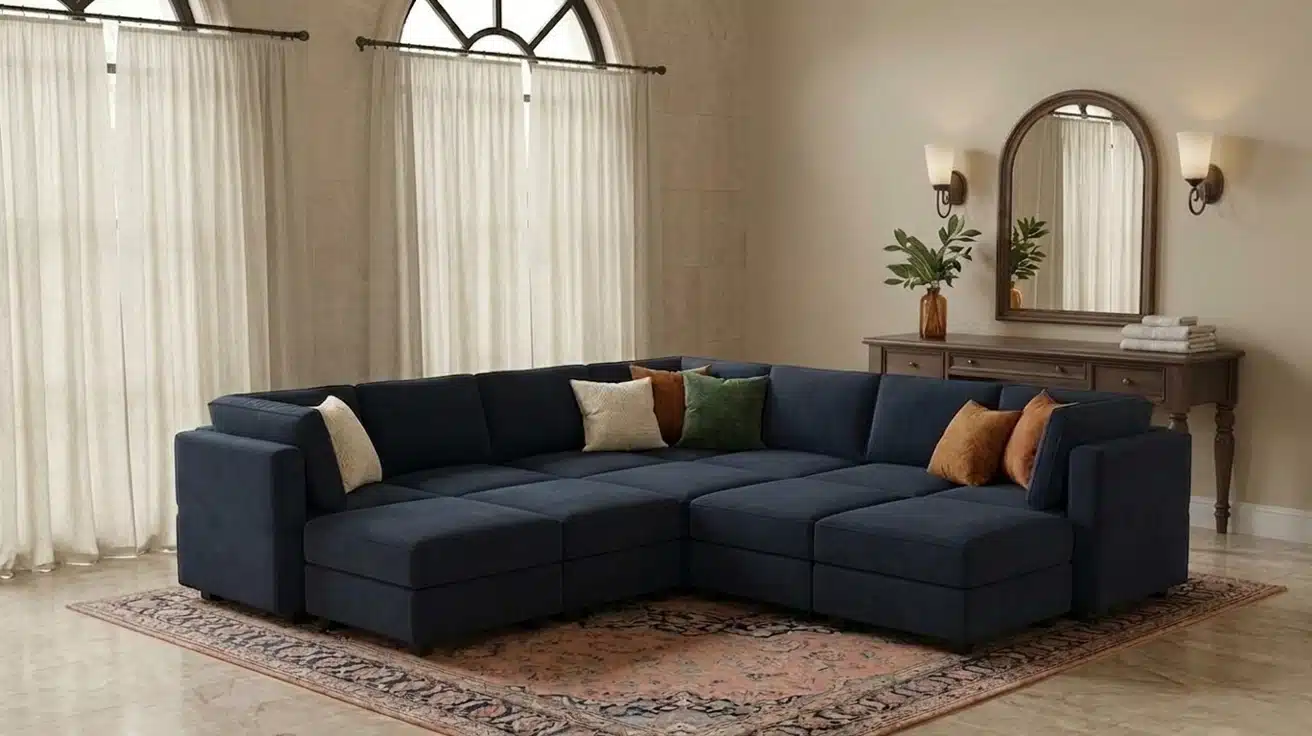 A large modular sectional sofa adorned with decorative pillows, placed on a stylish rug in a cozy living room setting.