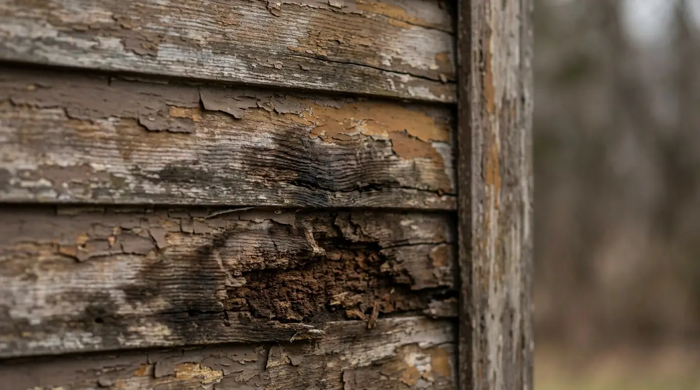 Close-up of weathered wooden siding with peeling paint and visible decay outdoors