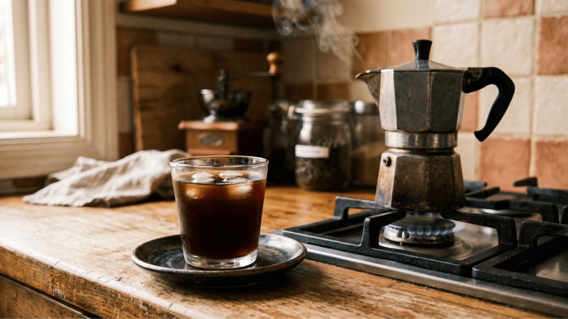 dark strong iced coffee on saucer, moka pot steaming behind