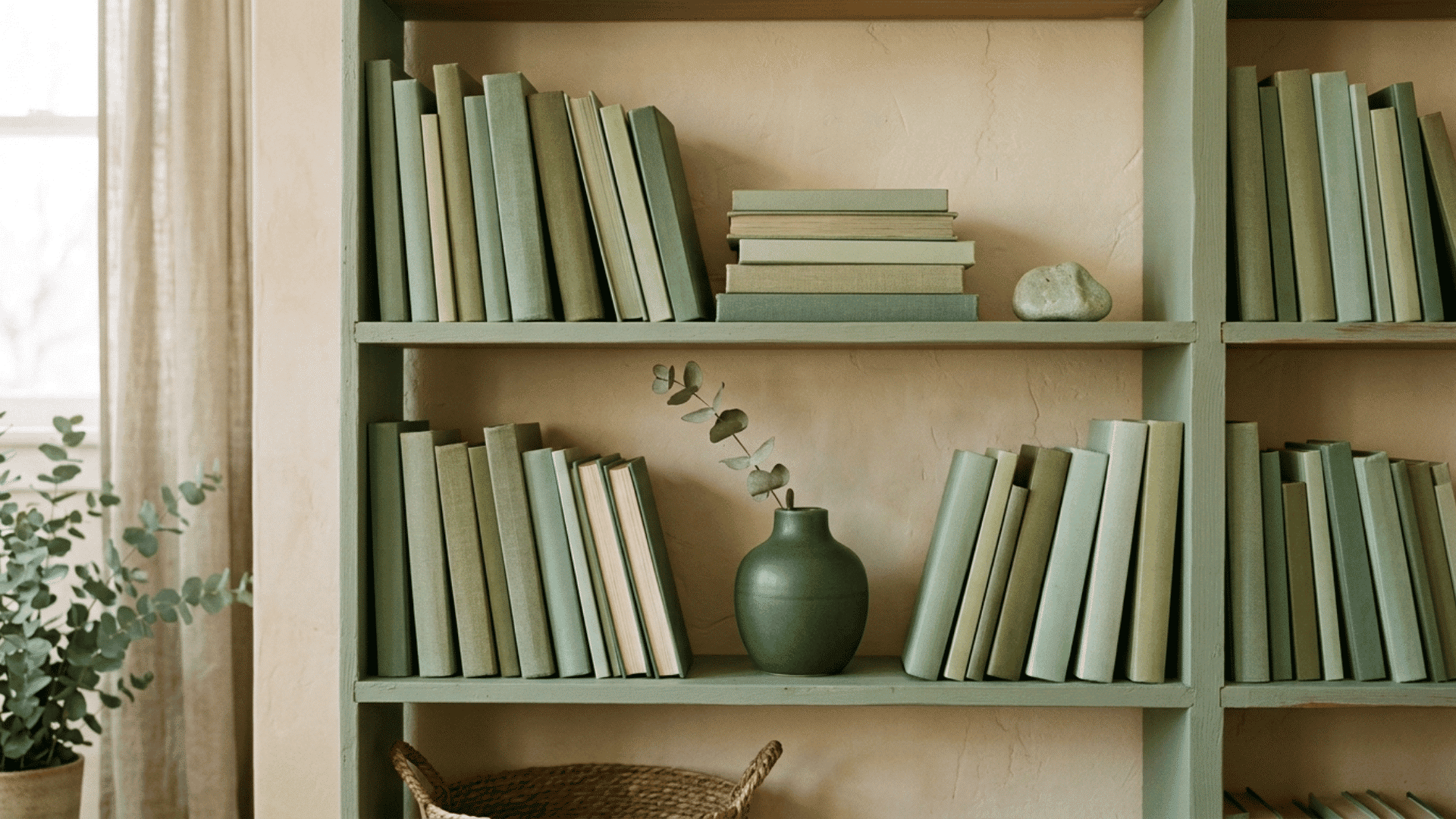 wooden bookshelf styled entirely in soft sage green tones with a ceramic vase and eucalyptus stem