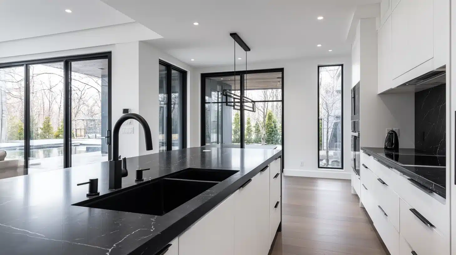 Modern monochrome kitchen with white cabinets, black quartz countertops, matte black fixtures, and large floor-to-ceiling windows that fill the space with natural light.