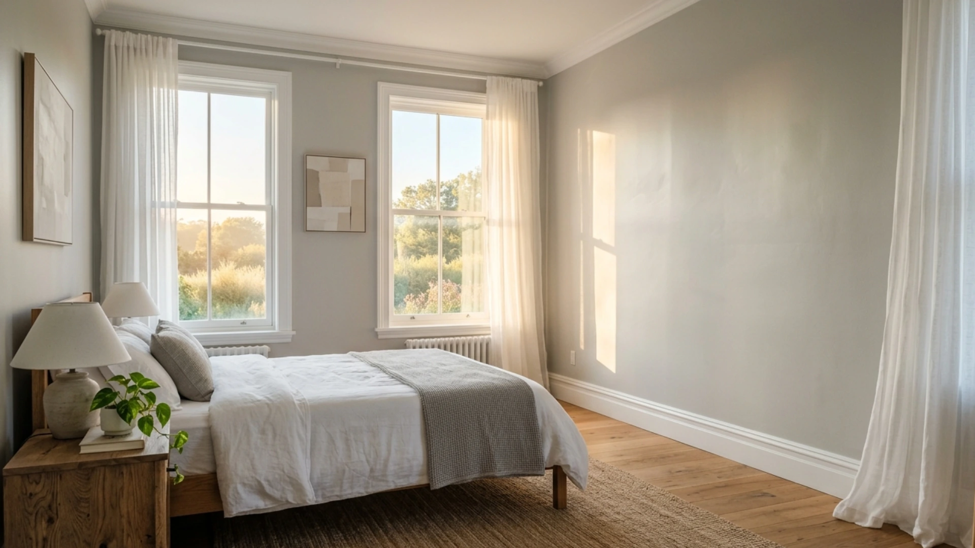 bright, serene bedroom with warm morning sunlight streaming through sheer curtains onto a cozy bed