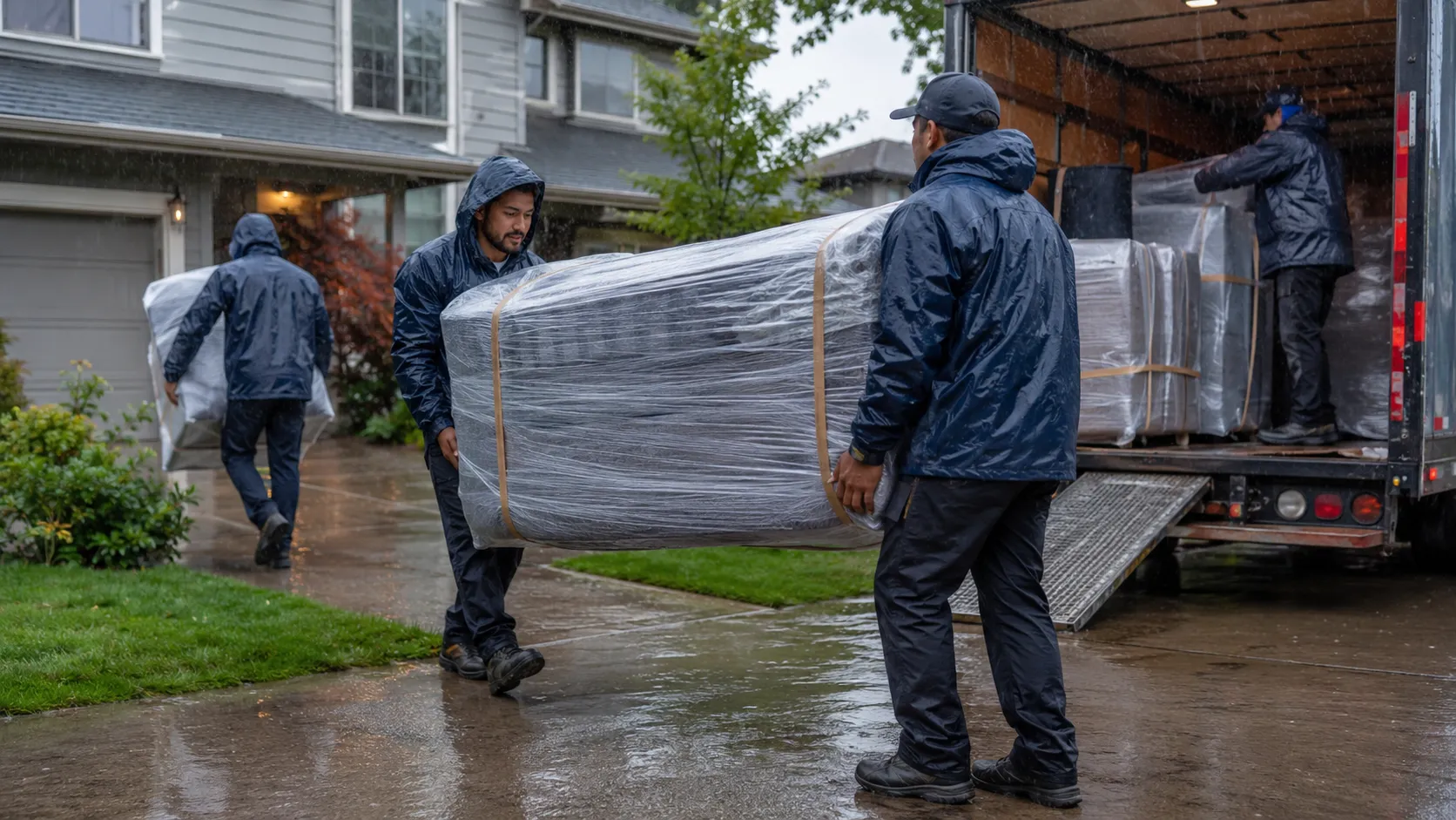 movers transporting plastic wrapped furniture through heavy rain with protective clothing and a moving truck nearby
