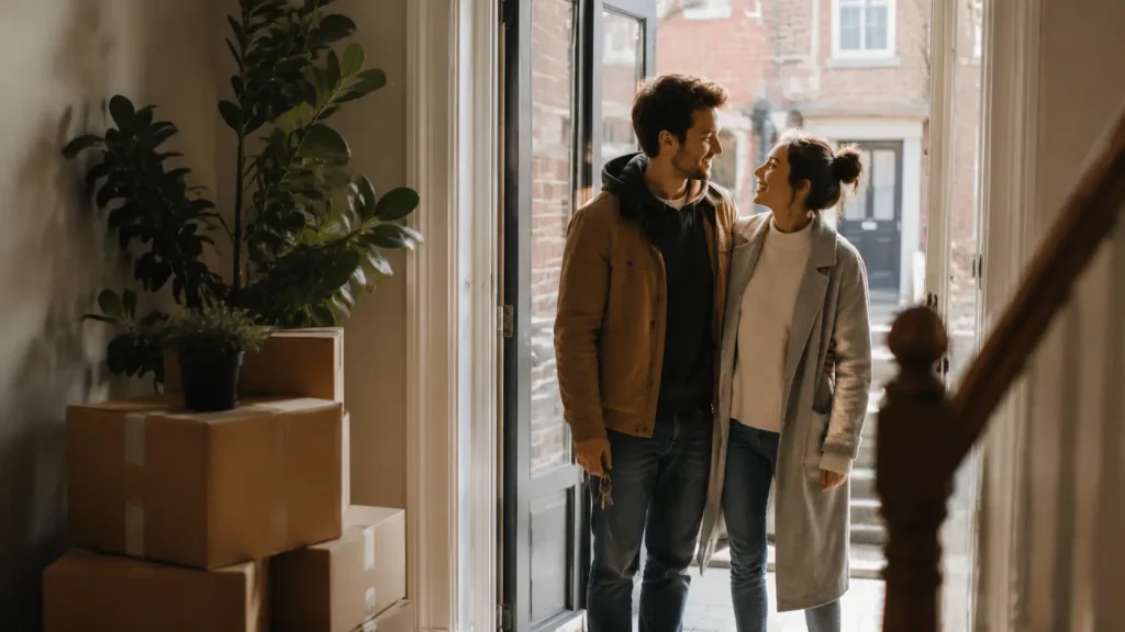 Couple standing in doorway with moving boxes and houseplants nearby