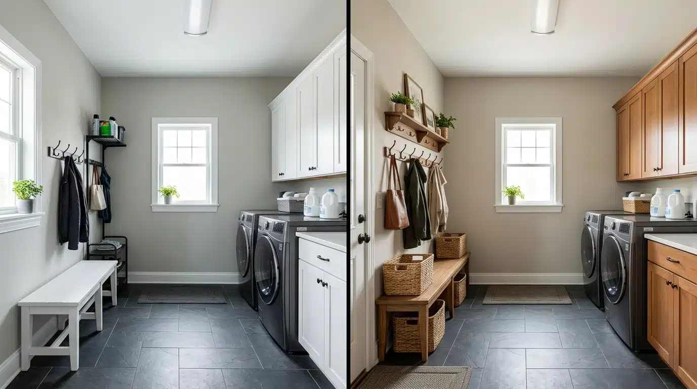 before and after split image of a laundry room renovation, with white cabinets and a bench to wood cabinetry and a wooden bench
