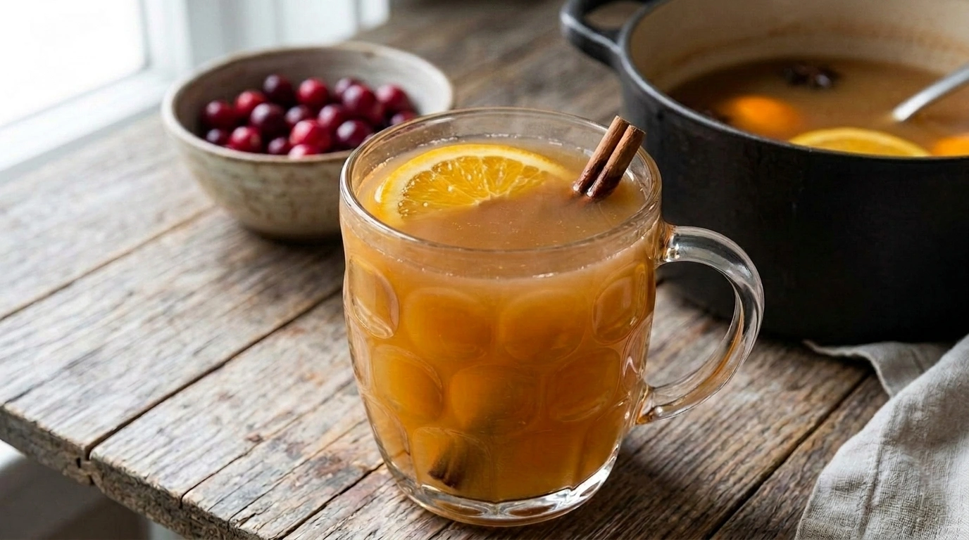 A warm glass of orange mulled cider garnished with orange slices and cranberries, set against a festive backdrop.