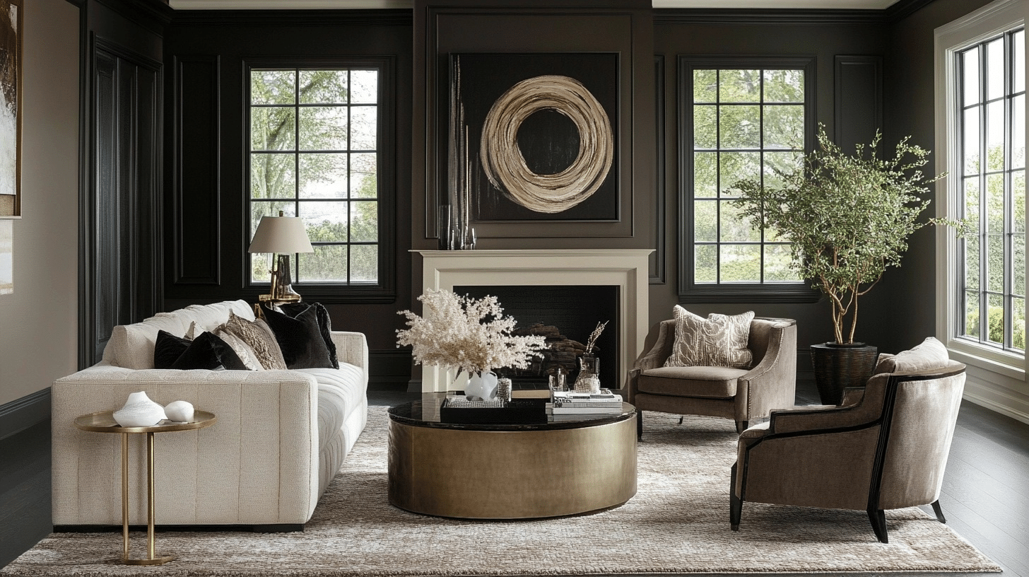 luxurious living room with a cream sofa, plush armchairs, a large round coffee table, and a fireplace with abstract art