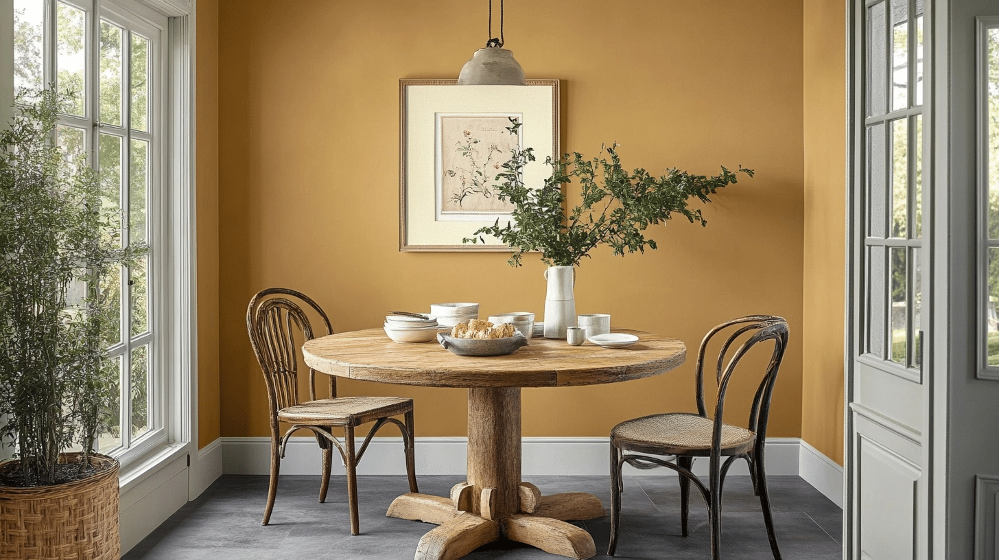 round wooden dining table with rustic chairs and a botanical print in a room with mustard yellow walls