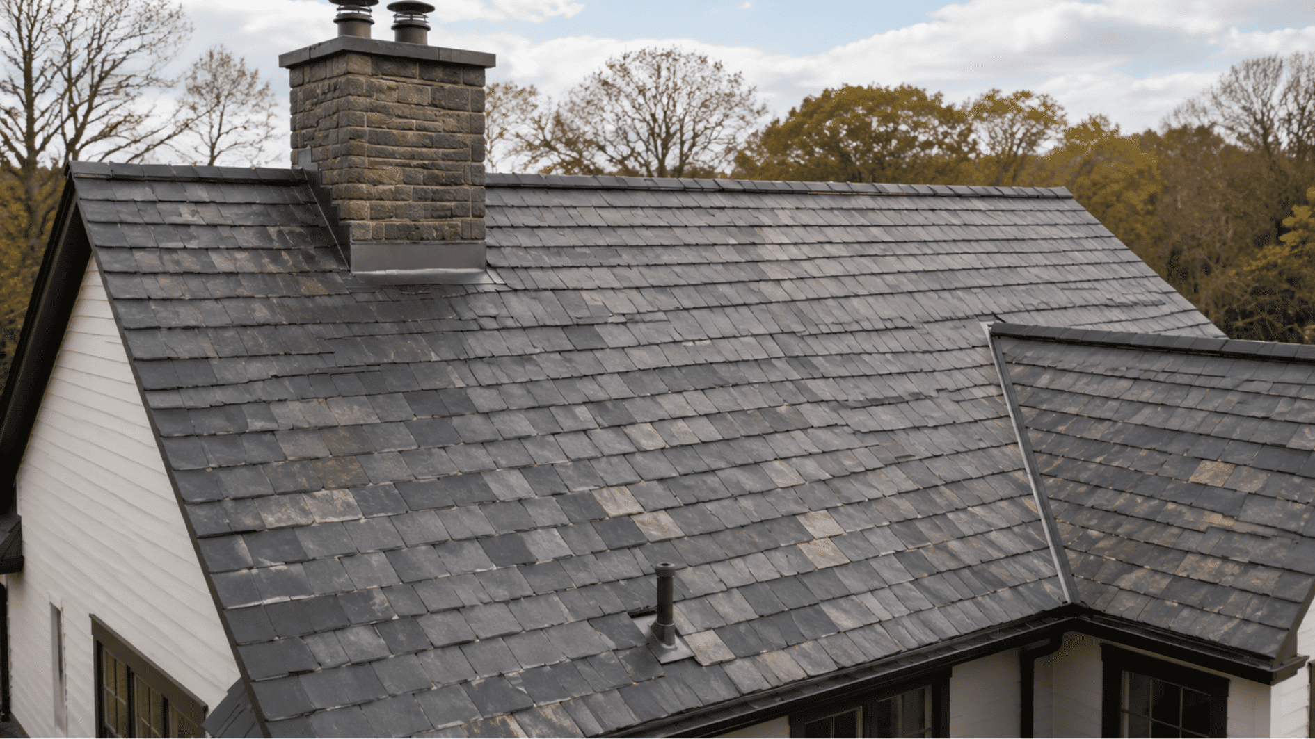 natural slate roofing with durable stone tiles on an american home surrounded by trees and sky