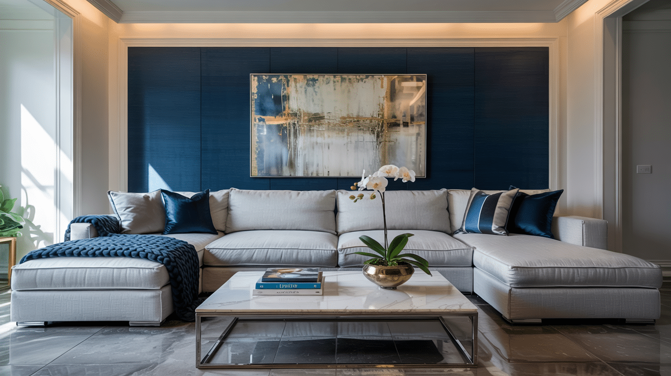 stylish living room with navy blue accent wall, white sectional sofa, and marble coffee table decor