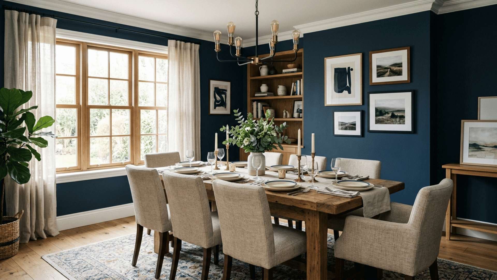 navy blue dining room walls paired with a wood table and neutral chairs