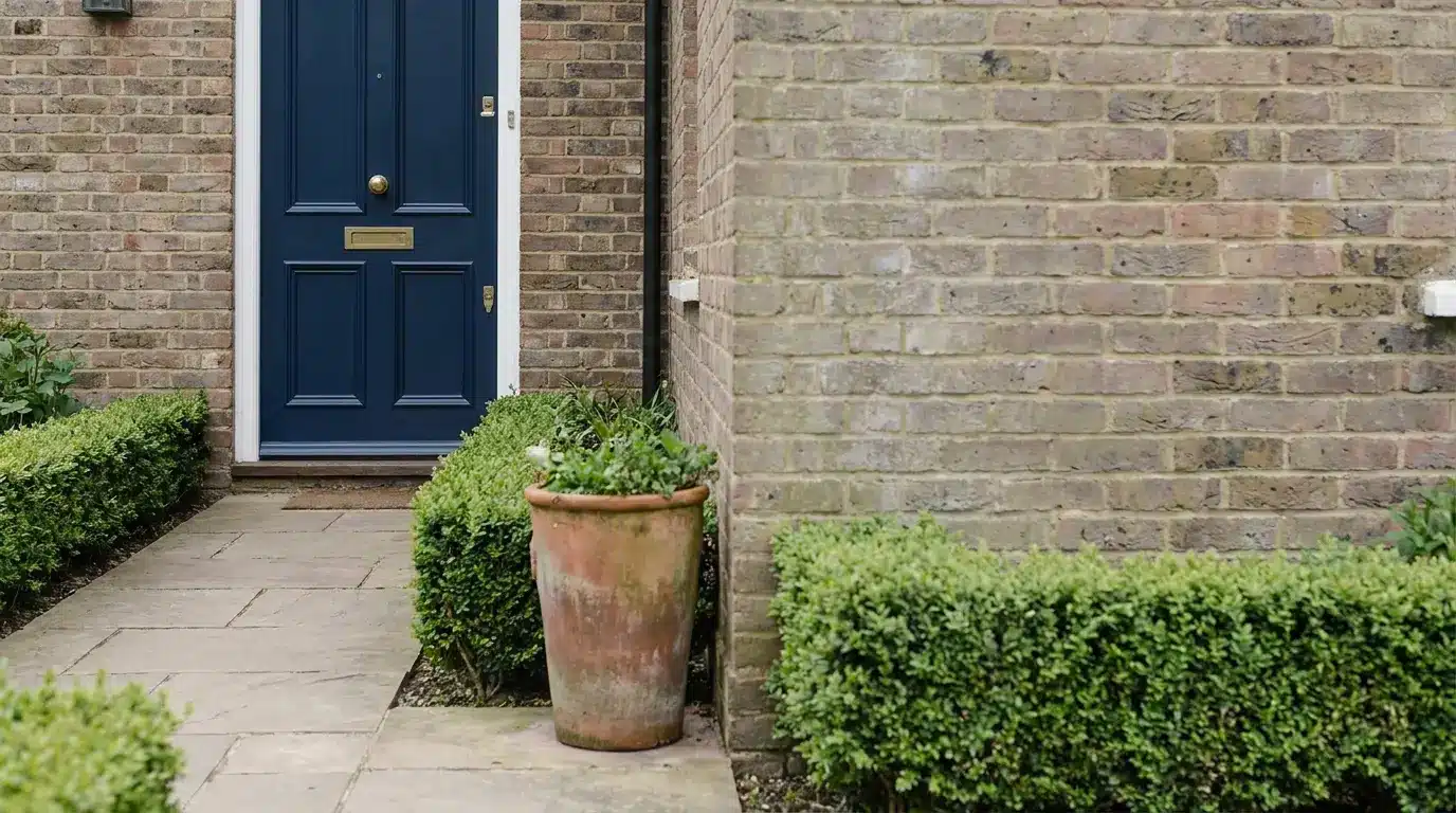Blue front door and terracotta planter against brick wall with green hedges