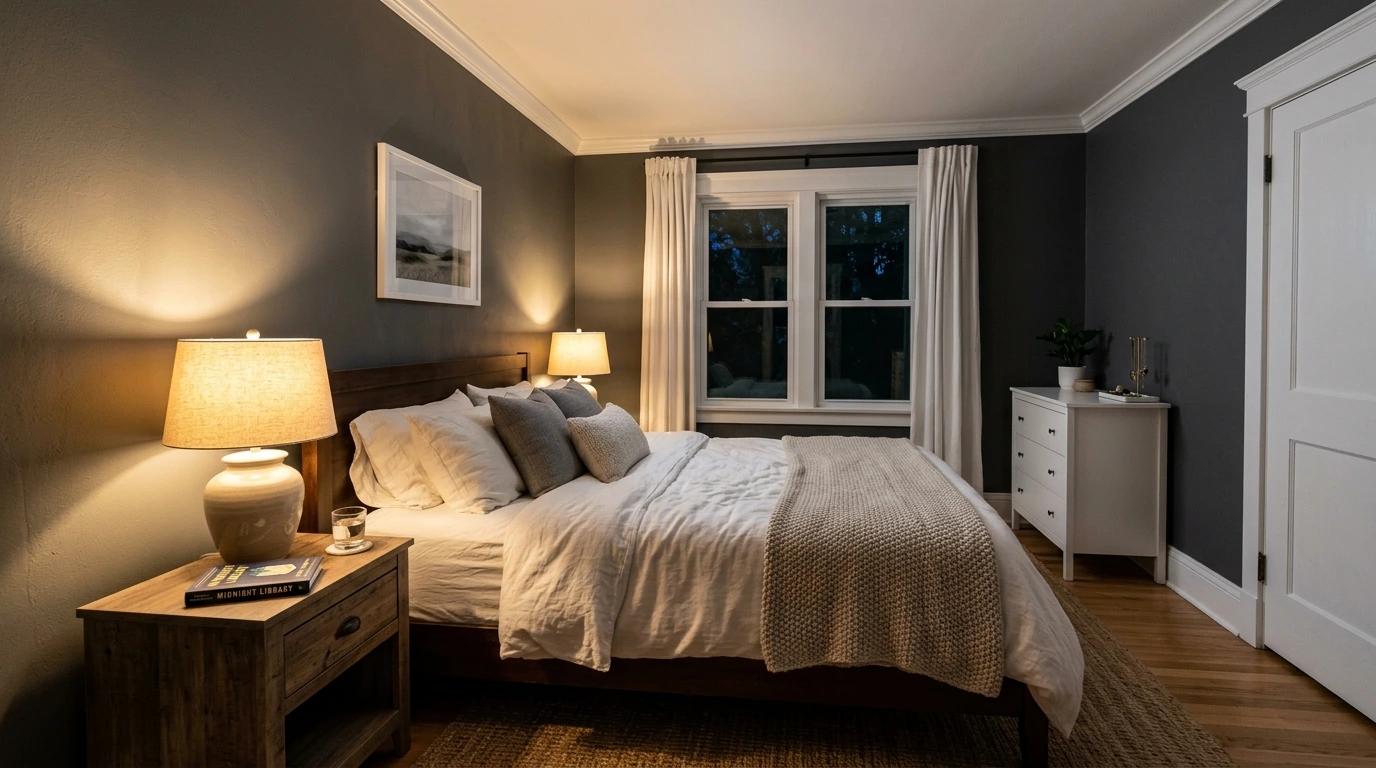 bedroom with dark gray walls, a bed, a wooden nightstand with a lit lamp, and a window framed by white curtains
