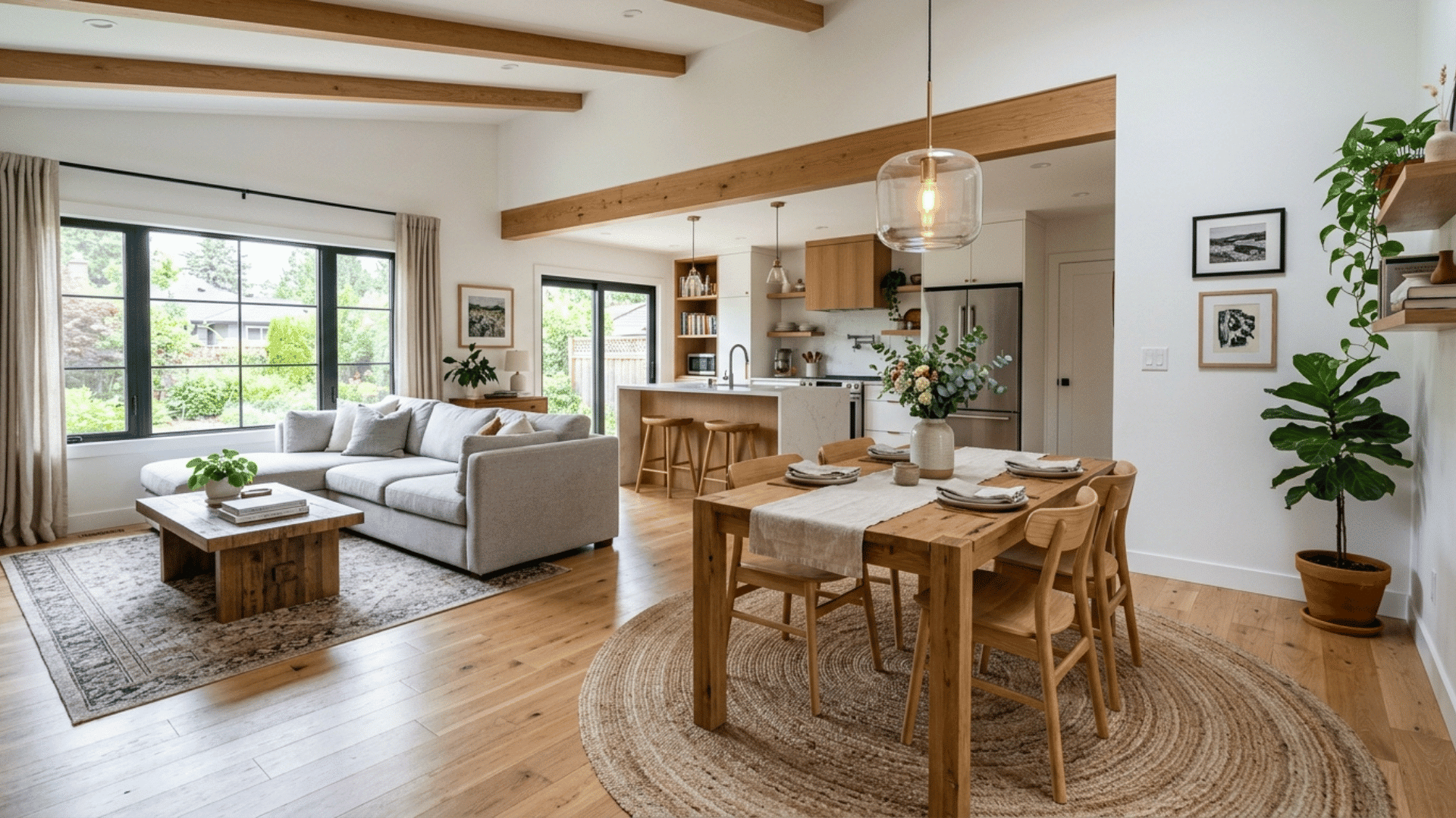 dining nook defined by a rug and pendant light in an open floor plan