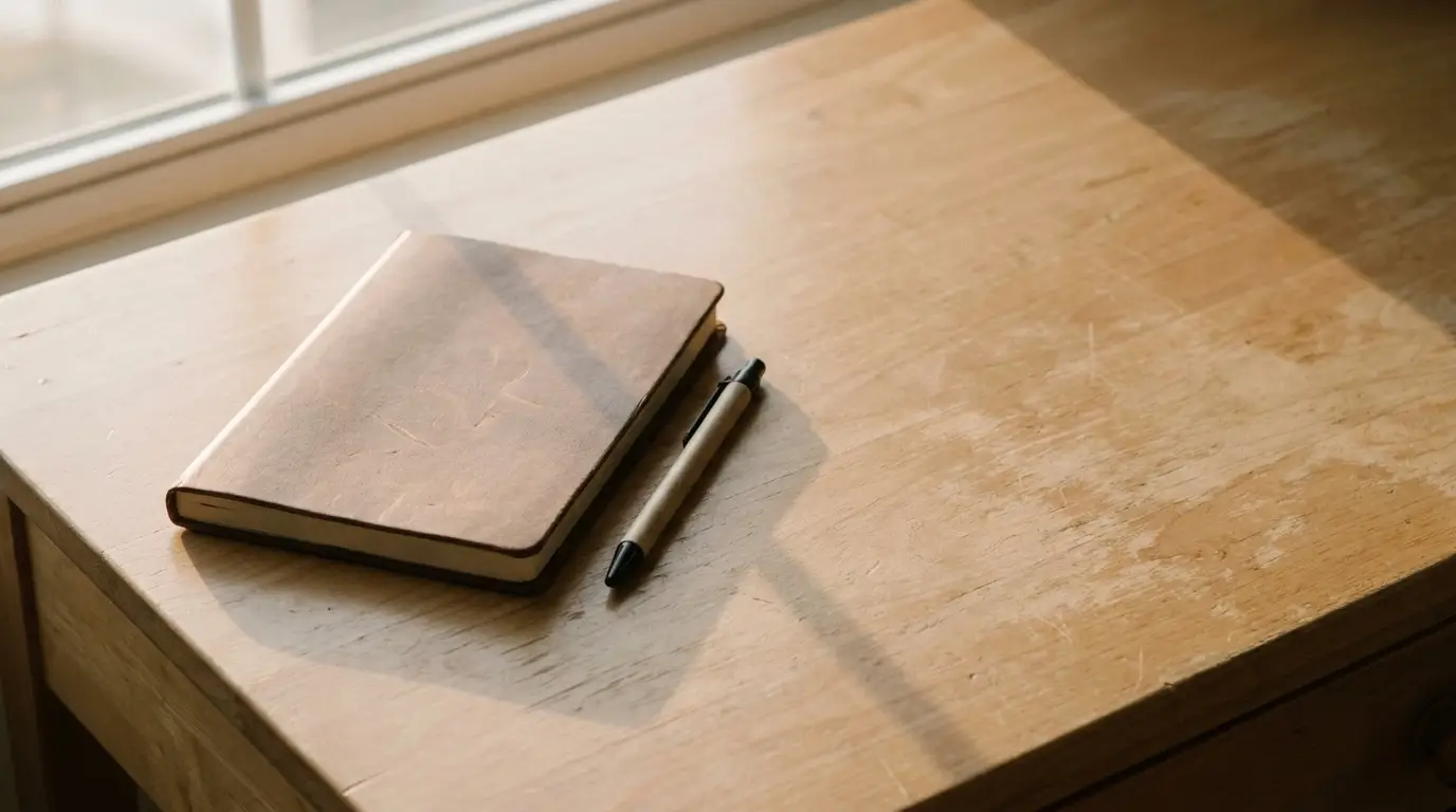 Notebook and pen on wooden desk in warm natural light