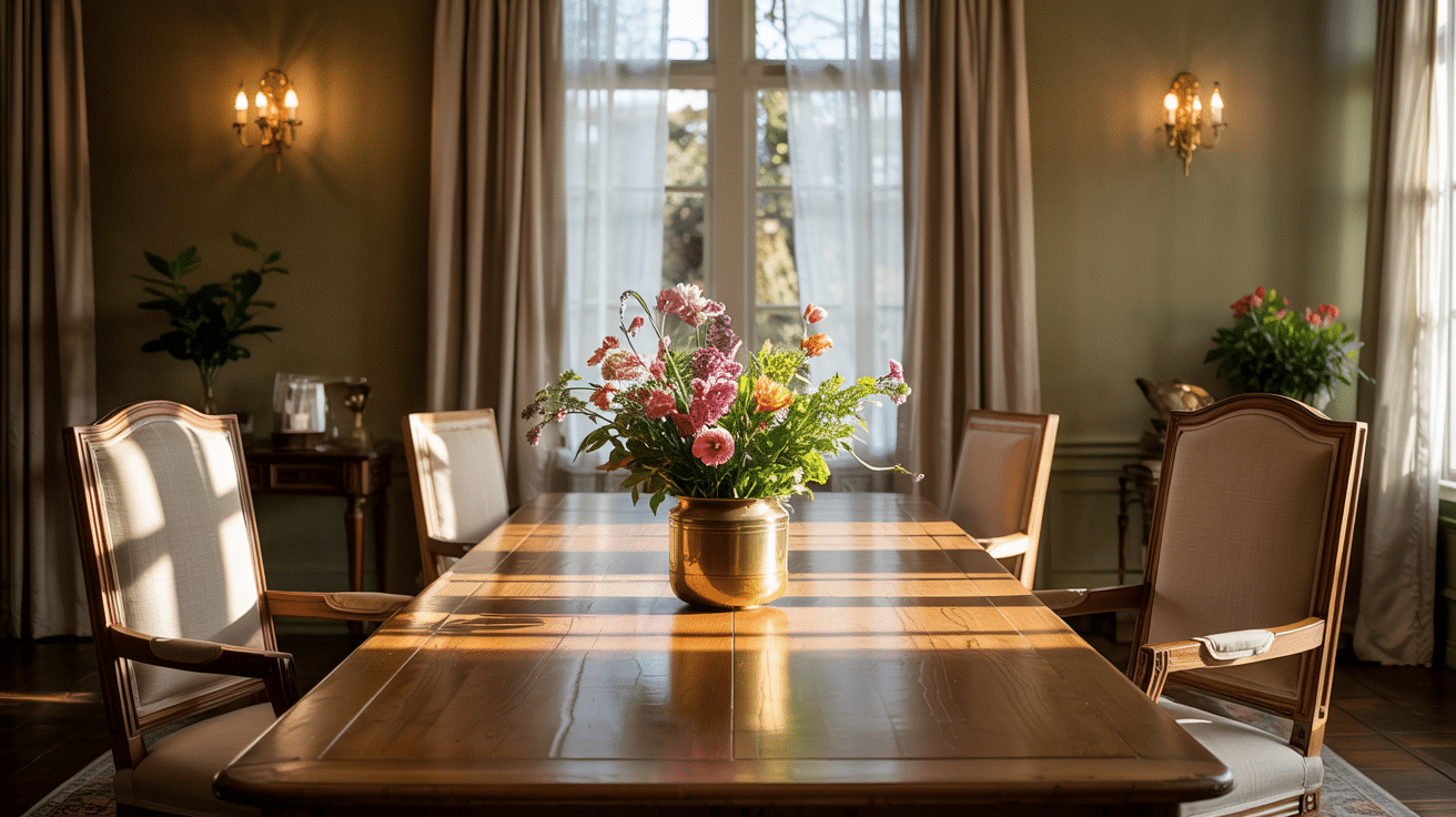elegant dining room with olive green walls, wooden table, floral centerpiece, and warm natural light