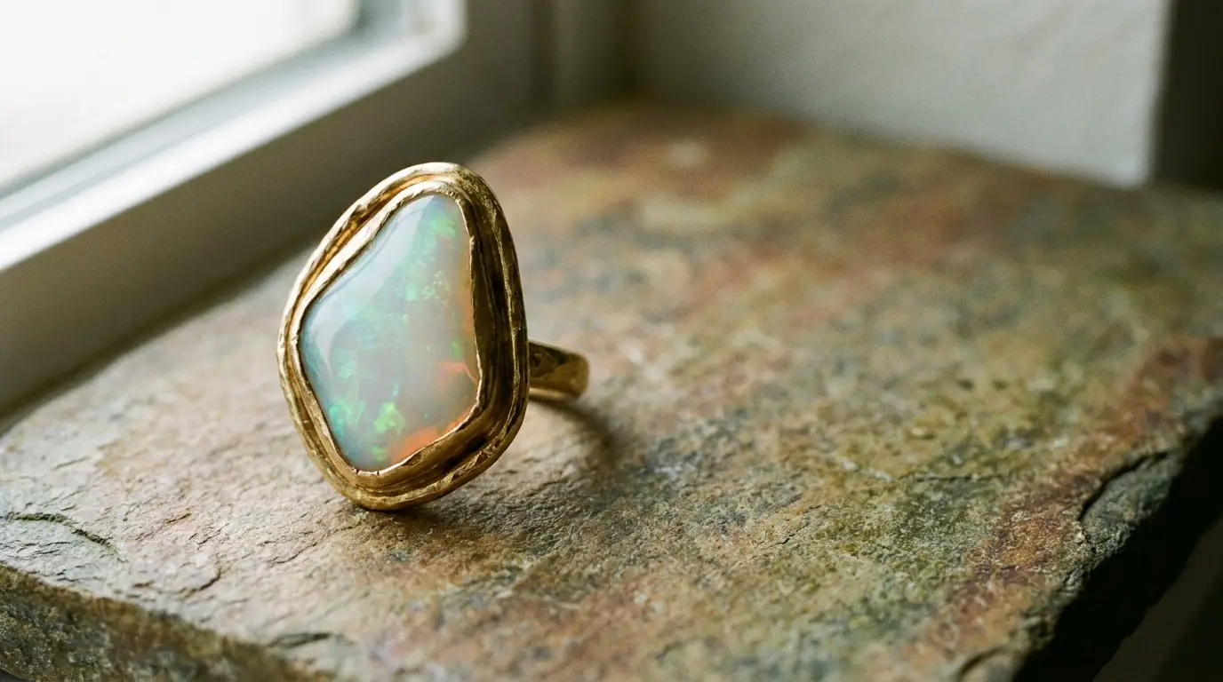 Opal gemstone ring with gold band resting on rustic stone surface in natural light