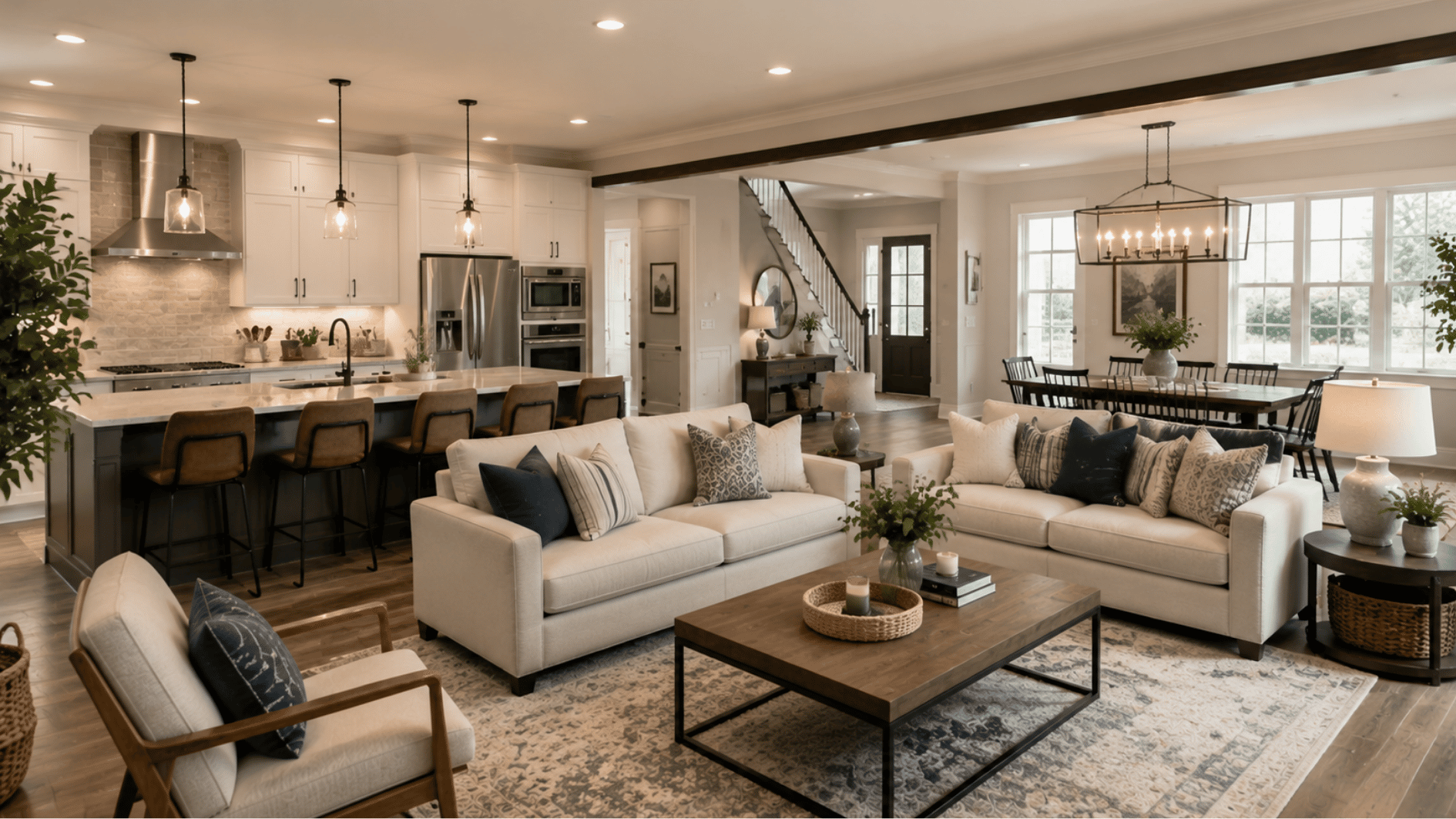american open concept living room with kitchen island, dining area, neutral decor, and connected spaces