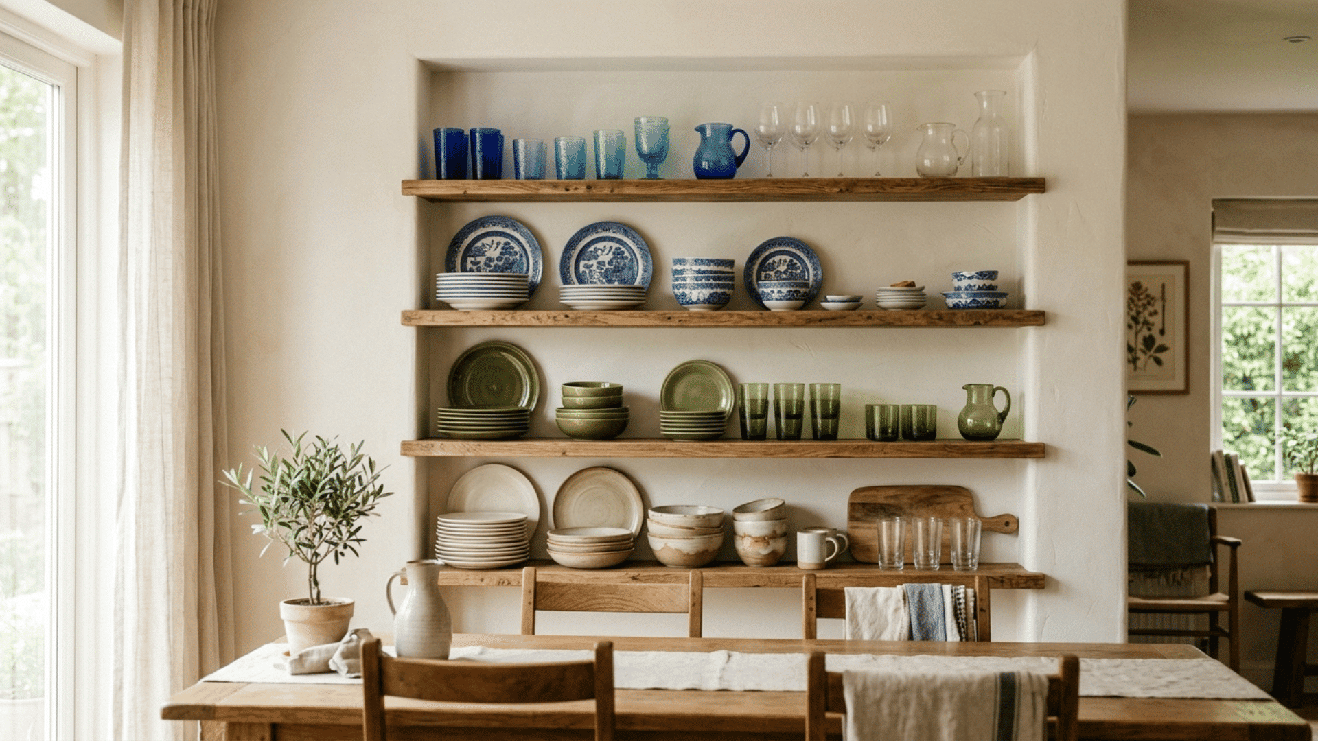 open wood shelving displaying stacked dishware in a dining room