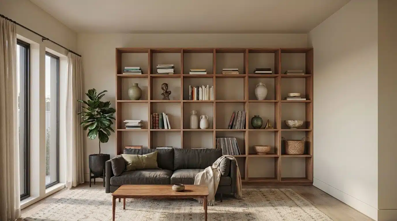 A stylish living room showcasing a couch, open shelving units, and a window that enhances the space with natural light.